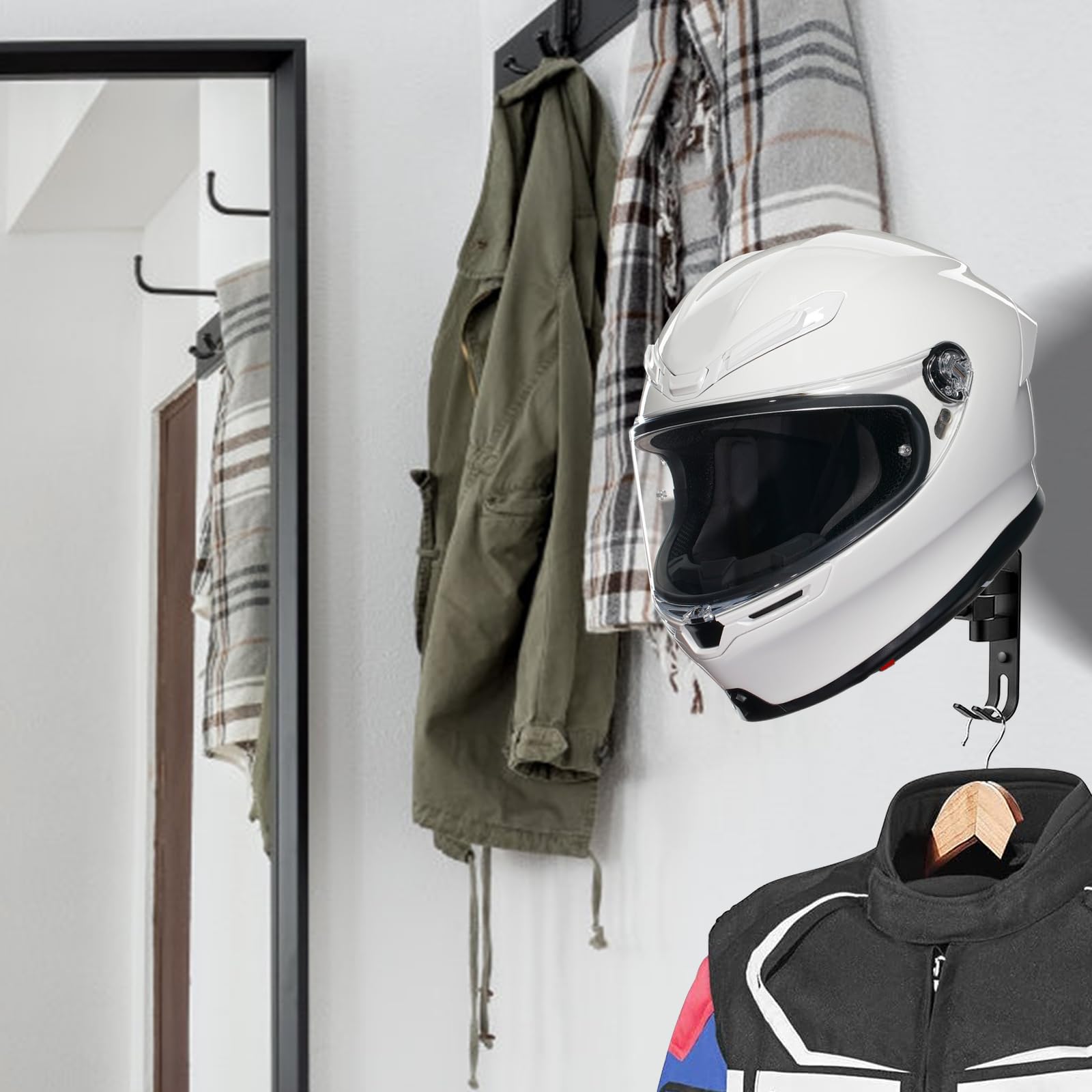 Accessoire Garage Motocycliste Porte Ski Mural Support Casque Moto Mural - Moto Avec Crochets Pour Gants Et Veste Pour Accrocher Et La Veste Au Mur - Support Stable Pour Gilet Tactique De