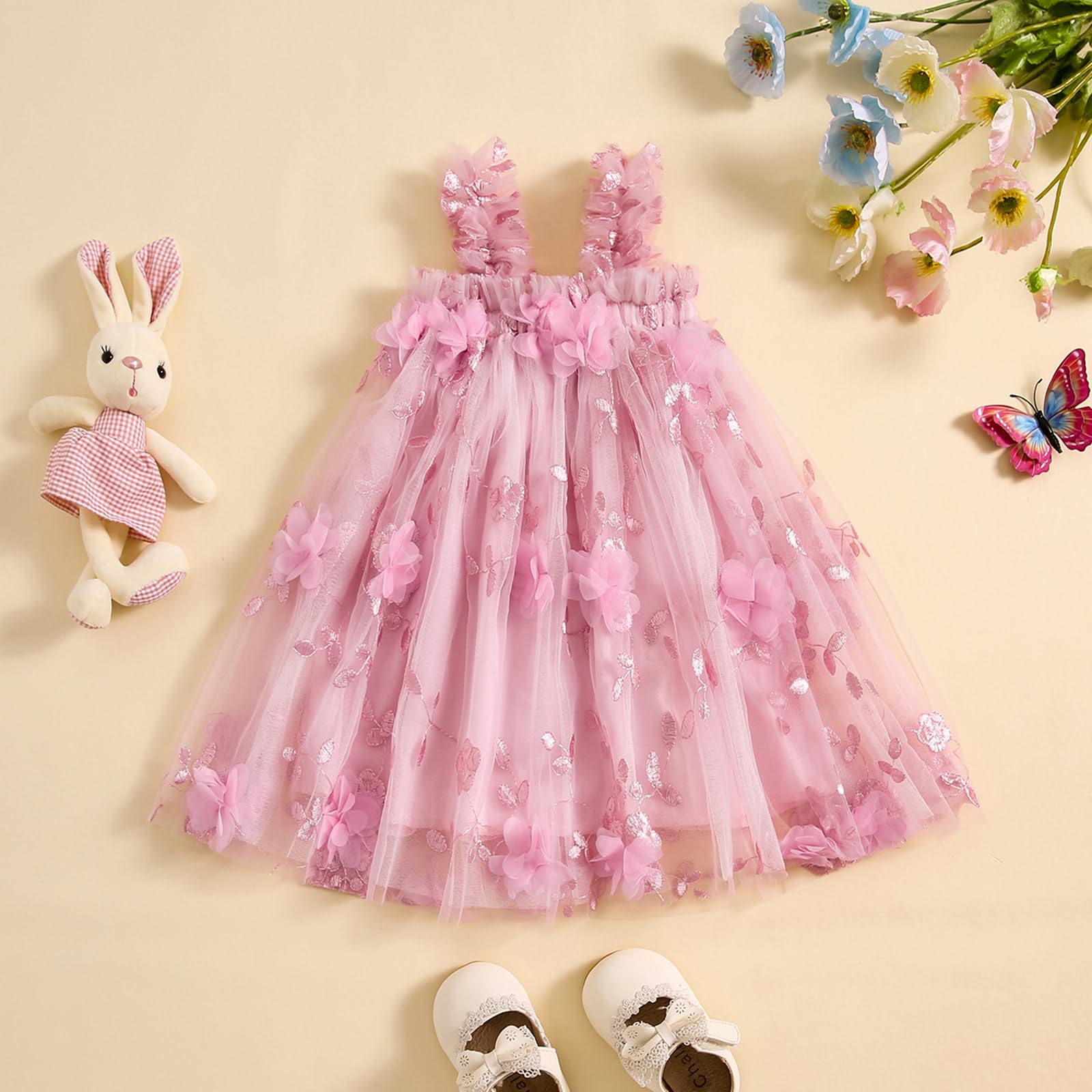 KMBANGI Toddler Baby Infant Girl Summer Dress 3D Flower Square Neck Sleeveless Suspender Tulle A-Line Princess Dress Birthday (Pink, 12-18 Months)