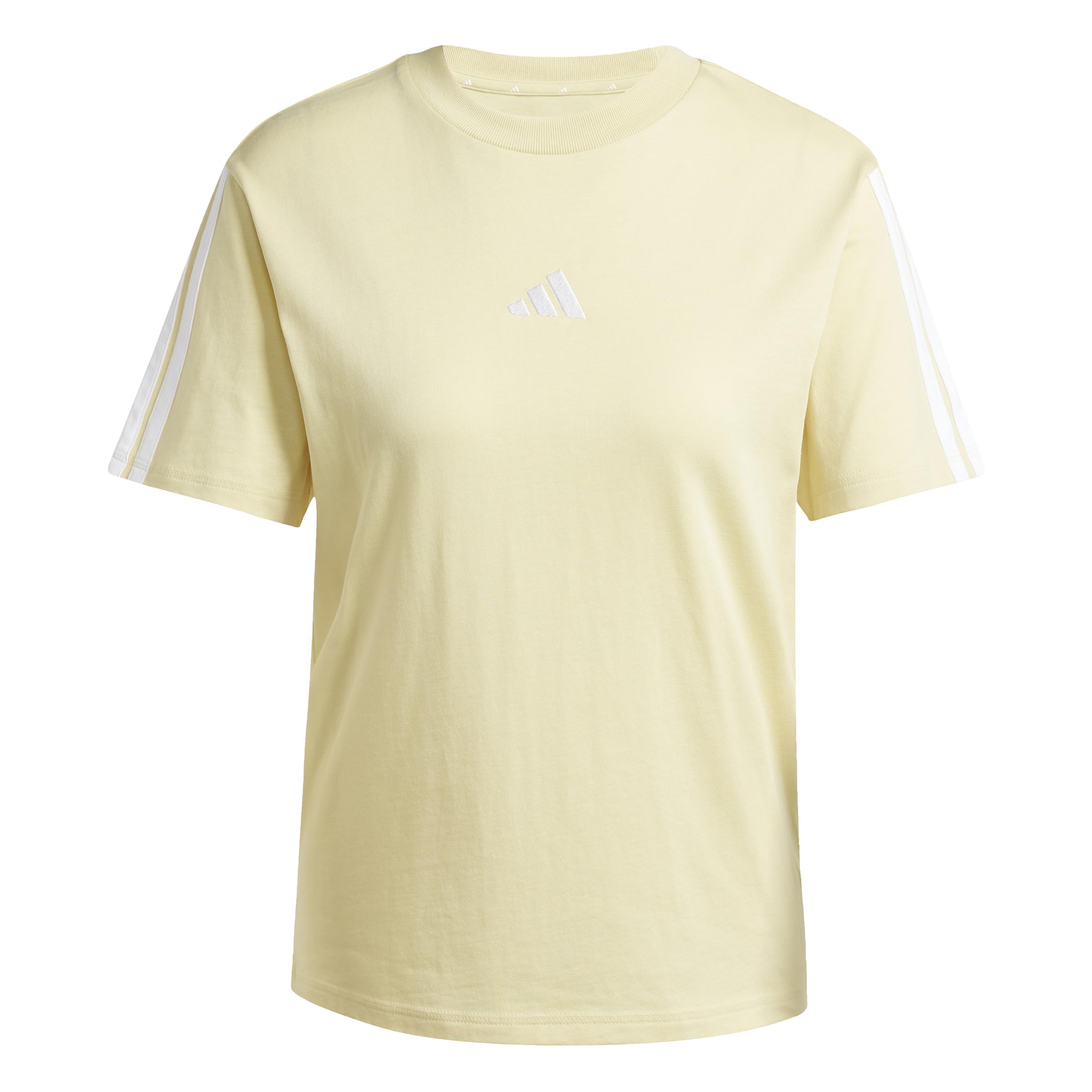 adidas Women's Essentials 3-Stripes Sleeve Cotton T-Shirt, Powder Yellow/White, XL