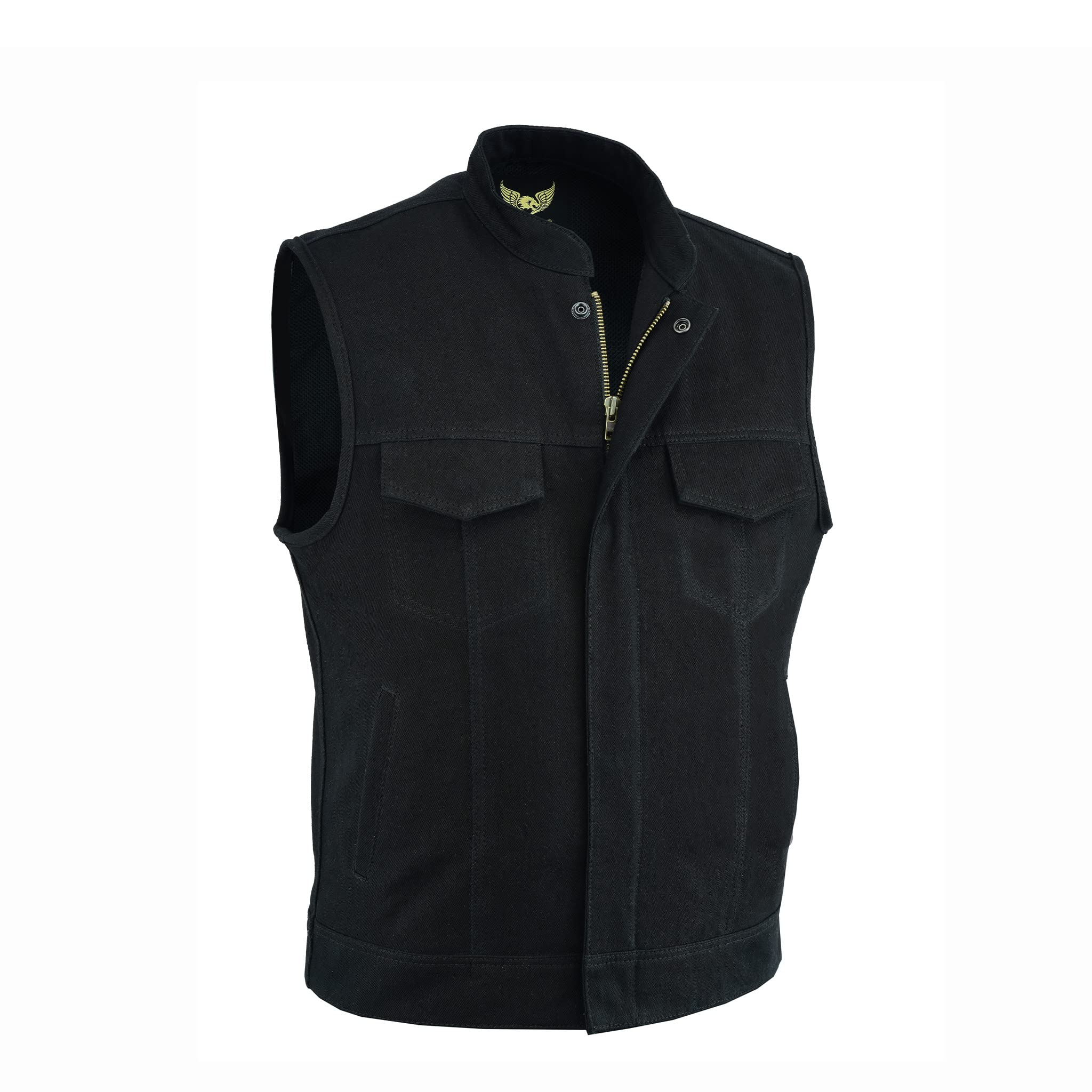 Leatherick Chaleco de motociclista de mezclilla pesada para hombre con interior transpirable, chaleco de motociclismo de doble