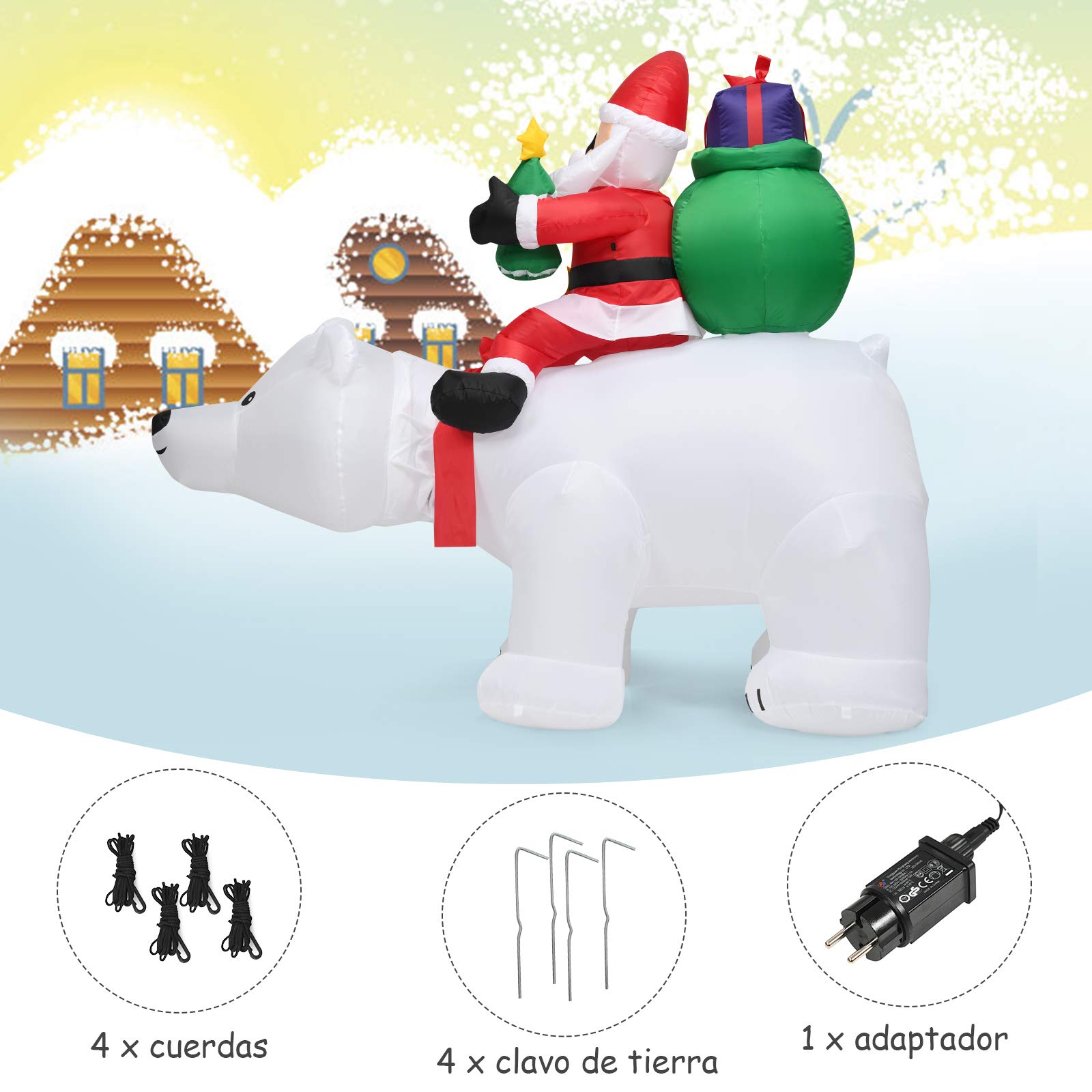 COSTWAY Papá Noel Grande sobre Oso Polar Inflable con Cabeza Sacudida, 200 cm con Luces LED Incorporadas y Bomba, Impermeable, Decoraciones Inflables Navideños, Adornos de Navidad Exterior, Hogar