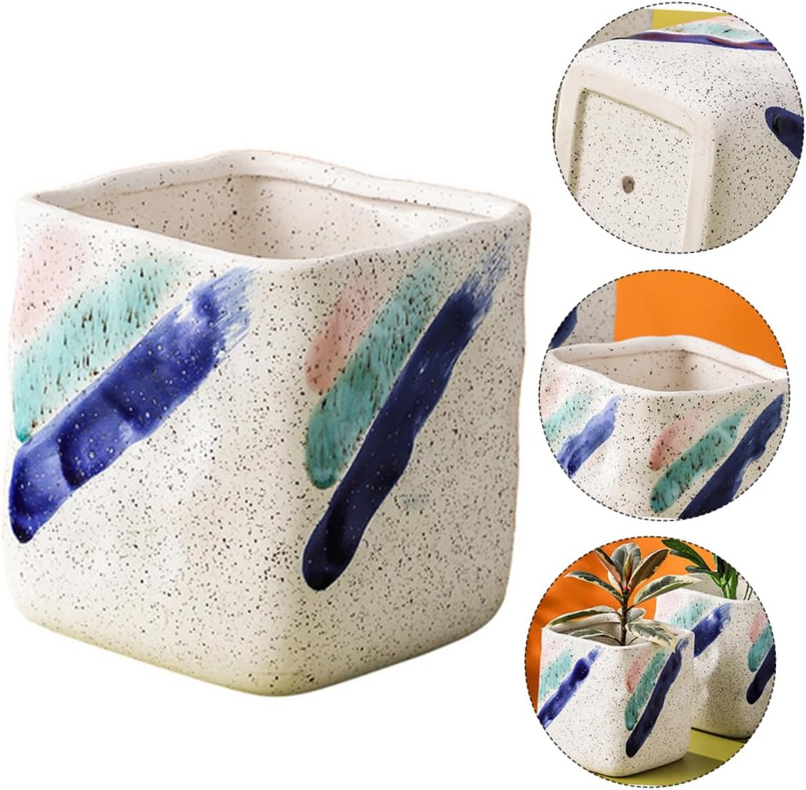 Gadpiparty Ceramic Plant Pot Square Indoor Planter Medium Hand-Painted Decorative Flower Pot for Balcony and Entryway Gardening