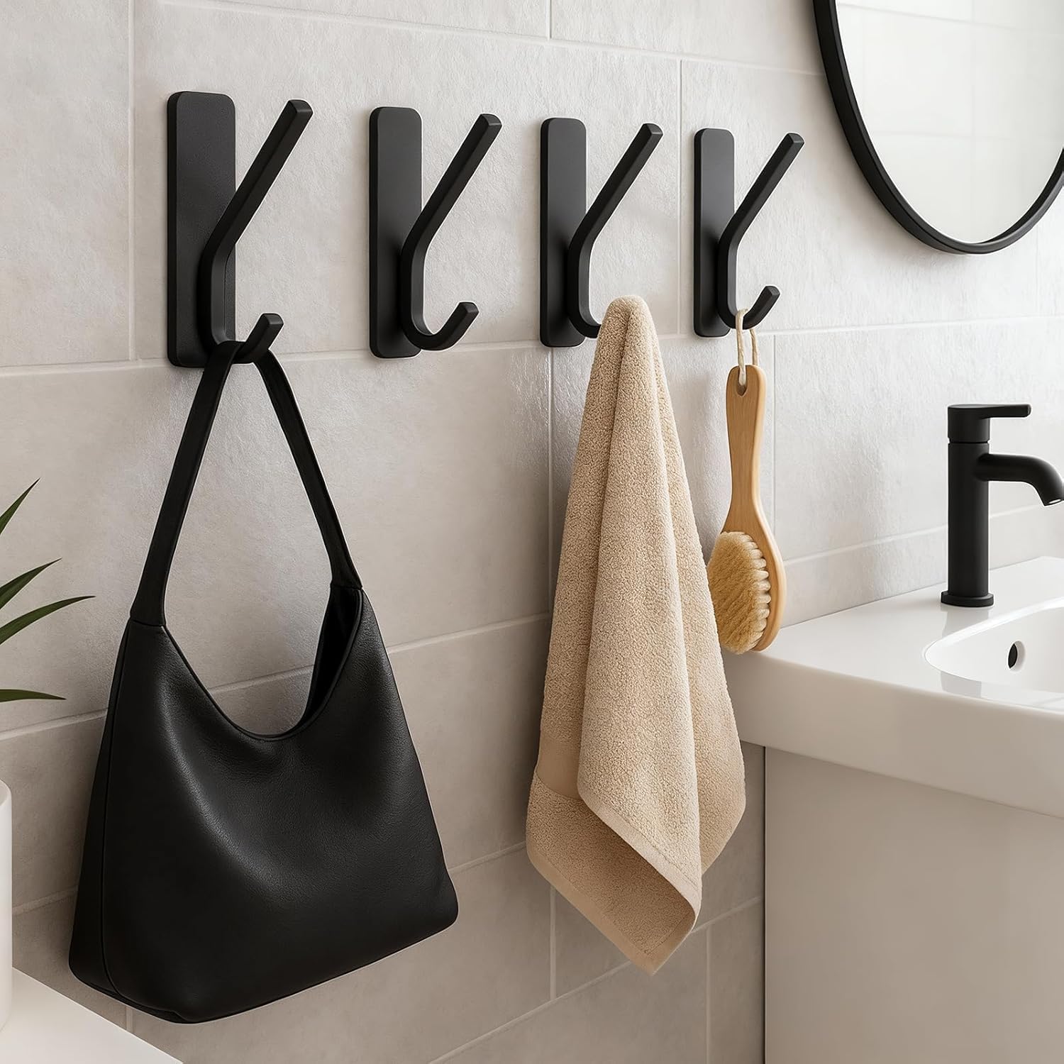 Damage Free Hooks for Walls, 2 Pack Adhesive Command Hooks Matte Black, Heavy Duty Removable Hangers for Coats, Towels, Robes, Hats, Keys, Organizers for Bathroom, Kitchen, Bedroom, Door