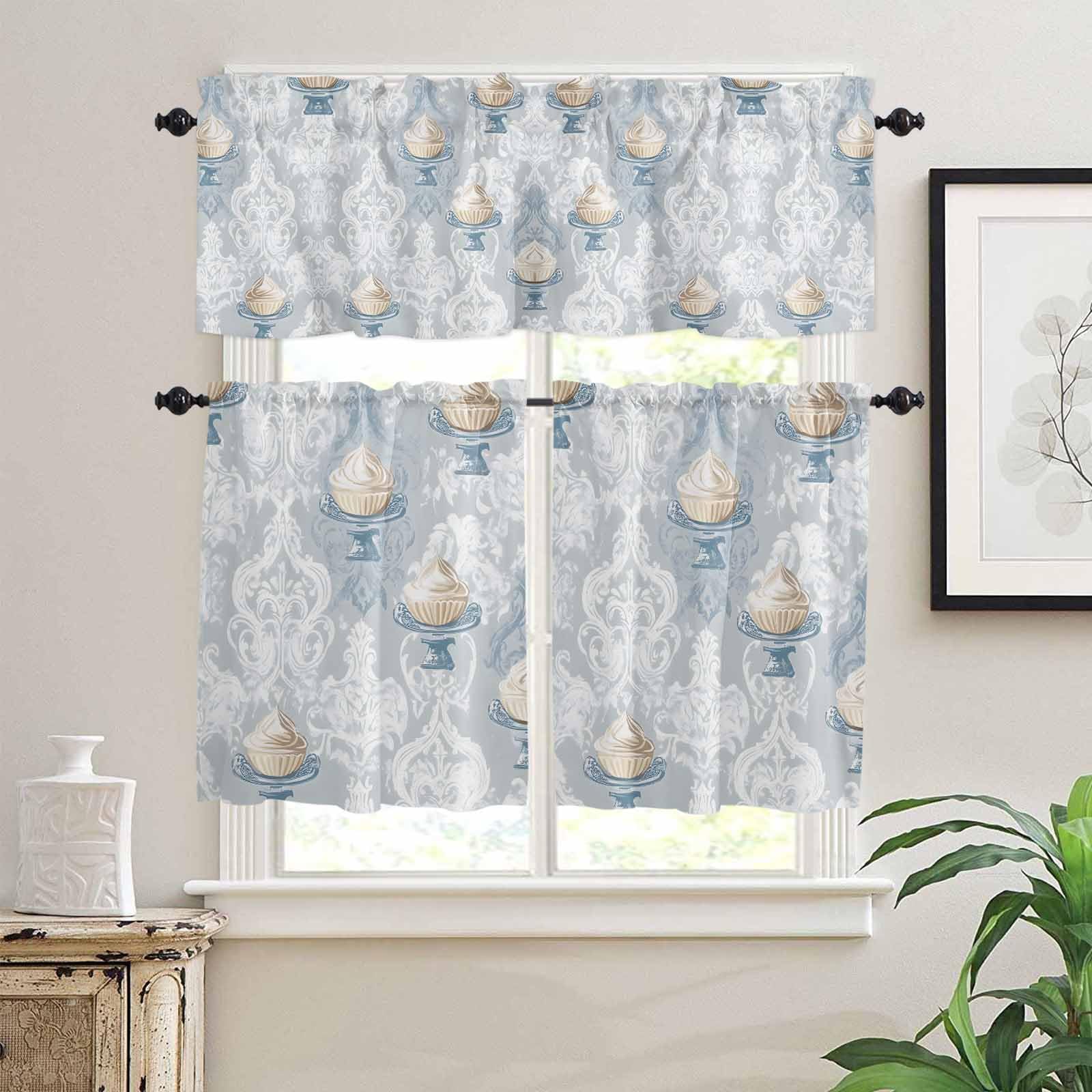 Vintage Dessert Floral Kitchen Curtains 36 Inch Length, 3 Piece Rod Pocket Small Half Tiers and Valance Set, White Blue Flowers Small Large Window Treatment Decor for Bedroom/Bathroom Sink
