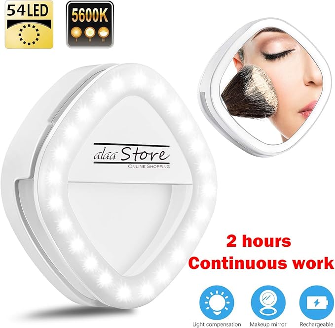 Selfie Ring Light Makeup Mirror Rechargeable Clip on 54 LED