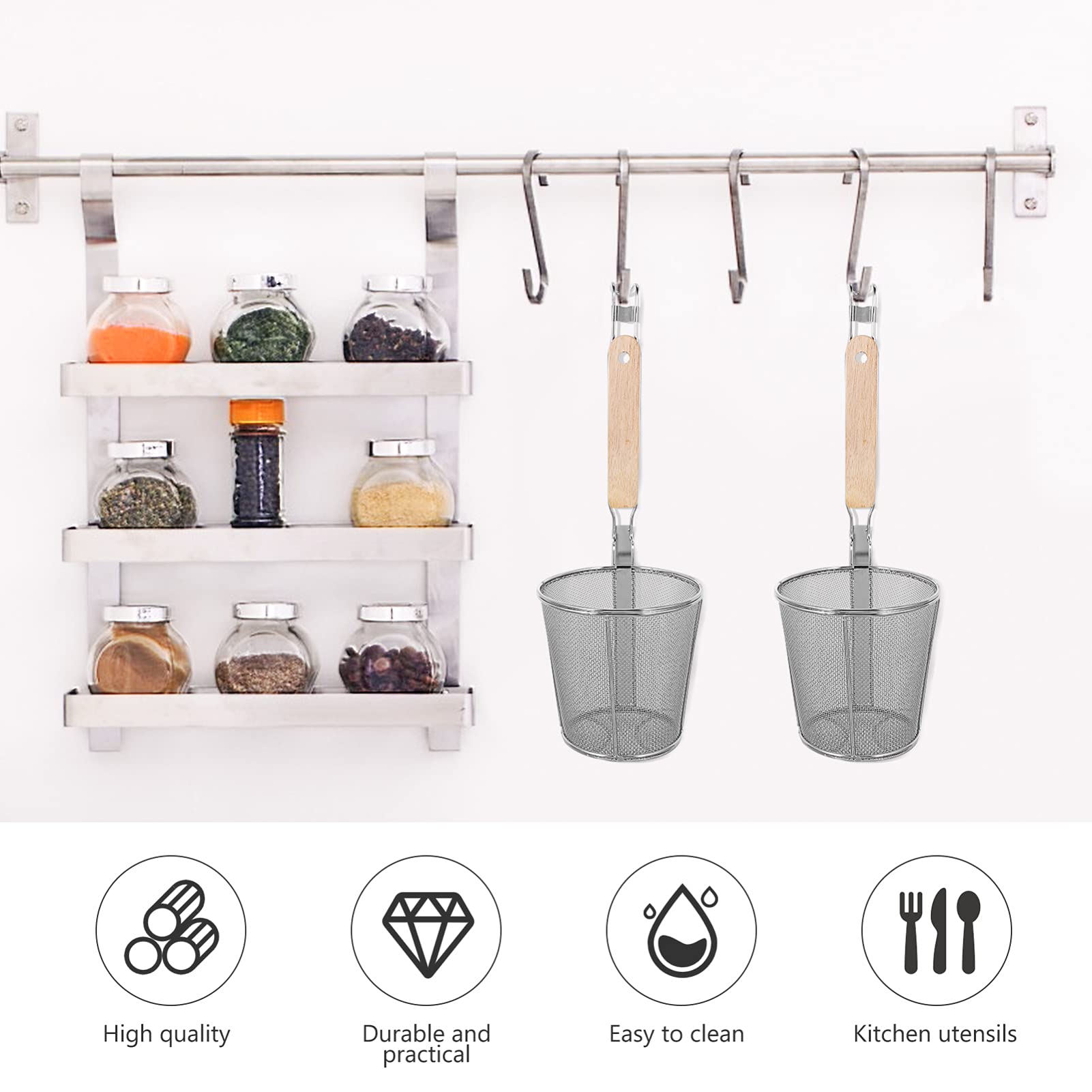 HEMOTON Cuillère Écumoire En Acier Inoxydable Avec Poignée En Bois Passoire Profonde Pour Nouilles Et Pâtes Ustensile De Cuisine Pratique Pour Famille Et Restaurant Lot De 3
