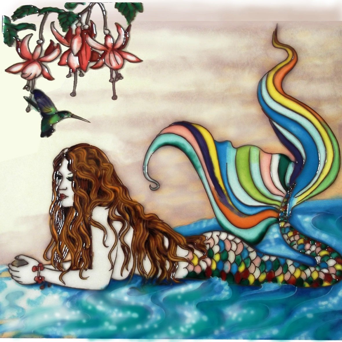 Mermaid and Humming Bird - Decorative Ceramic Art Tile - 8