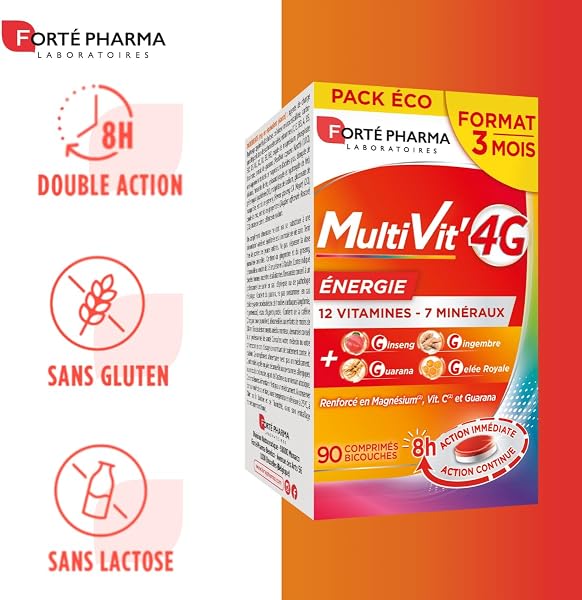 Forté Pharma - Multivit' 4G Energie - Complément Alimentaire Boost Energie, Fatigue - Vitamine C, Vitamine D, Ginseng, Gingembre, Magnesium, Zinc, Selenium, Fer, Cuivre - 90 comprimés, 3 mois - 4