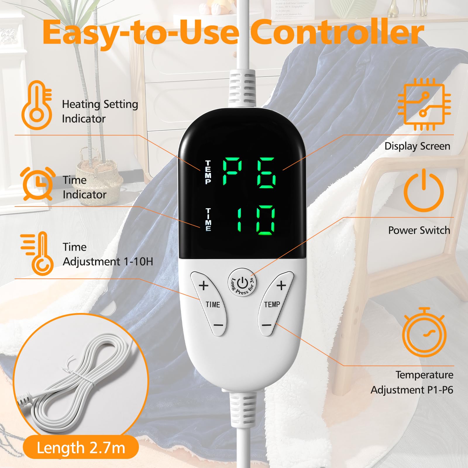 OneAmg Coperta Termica Elettrica,155x180cm 6 Livelli di Riscaldamento,Timer 10H,Spegnimento Automatico Della Coperta Elettrica -con Telecomando Digitale,Lavabile in Lavatrice,Plaid Riscaldabile Blu