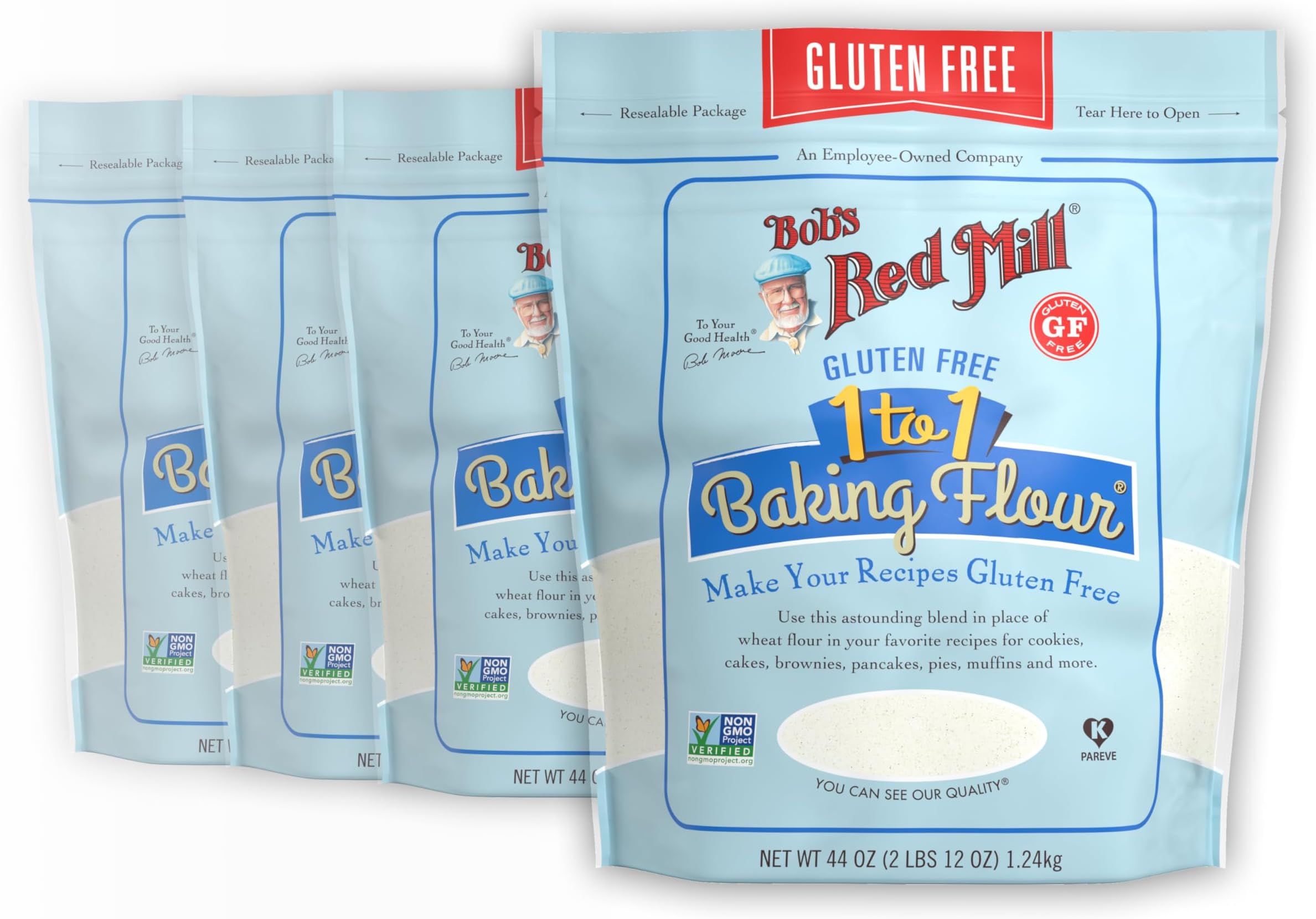 Bob's Red Mill Gluten Free 1 to 1 Baking Flour, 44oz (Pack of 4) - Non GMO, Vegan, Kosher