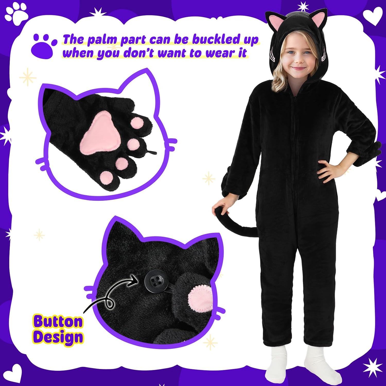 Joycover Cat Costume For Girls, Black Cat Costume For Girls Kids Dress Up, Onesie Cat Noir, Role Play Halloween Costumes - Image 4
