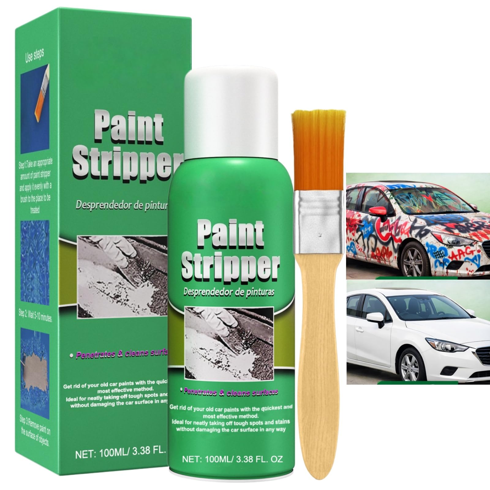 Paint Remover Spray with Brush,Heavy Duty Paint Stripper for Wood,Metal,Concrete&Tiles,Best Paint and Varnish Remover,Non-Damaging Formula,Rust-Proof Paint Removal,Easy to Use,Concentrated Formula
