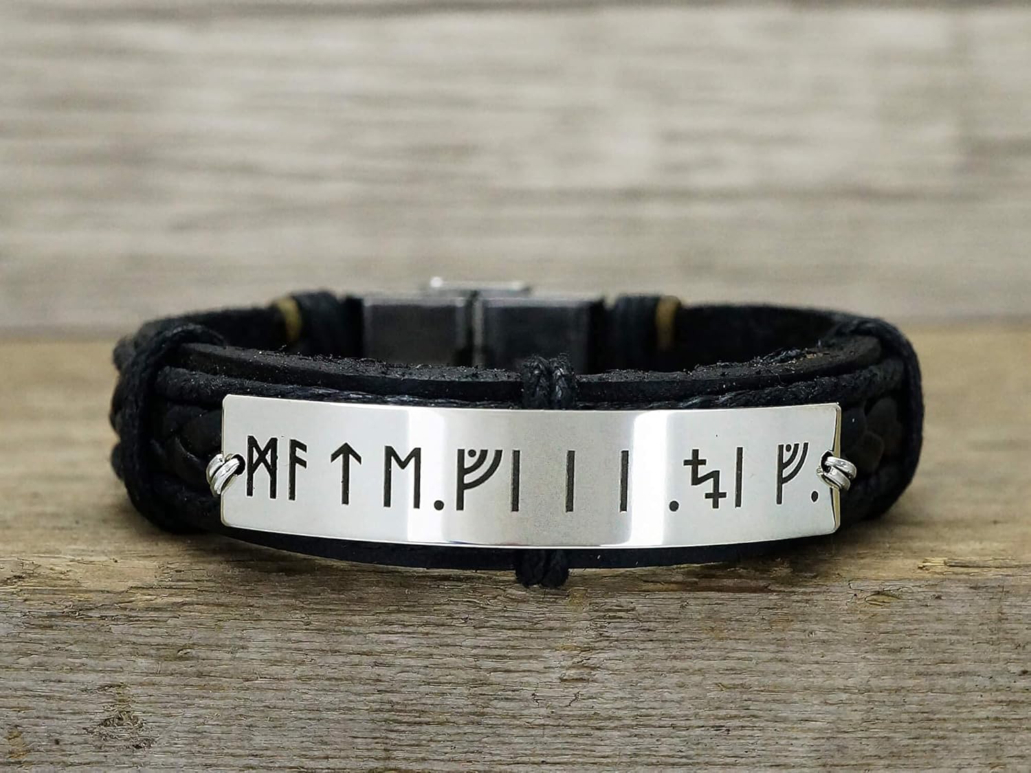 Personalized Rune Bracelet Men, Viking King, Custom Silver Black Leather Cuff, Stainless Steel, Gift for Him