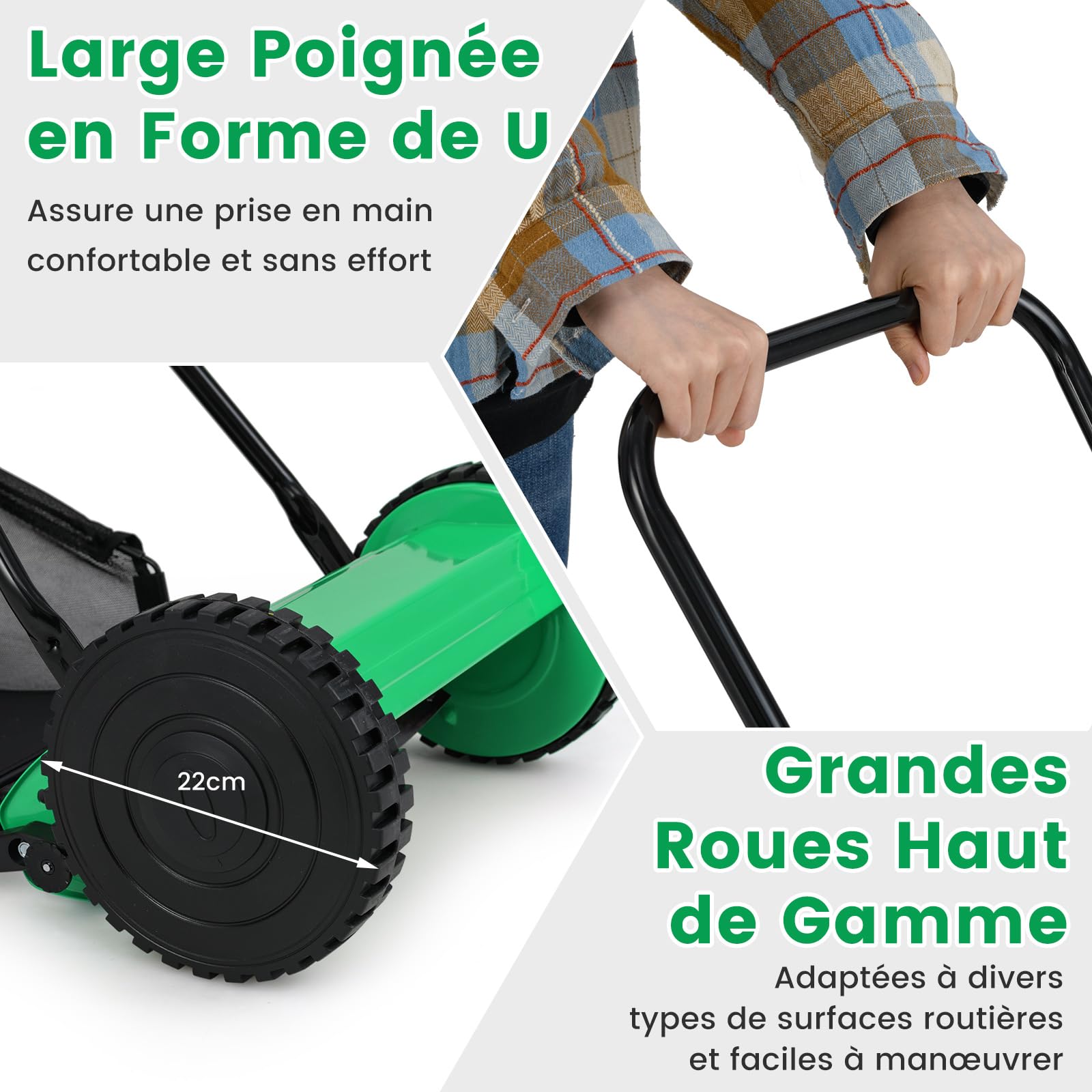 COSTWAY Tondeuse à Gazon Manuelle à Lame avec Largeur de Coupe de 30 cm, Hauteurs de Coupe Réglables de 15 à 40 Mm, Bac de Ramassage de 18,5 L 2 Roues Antidérapantes (Vert)