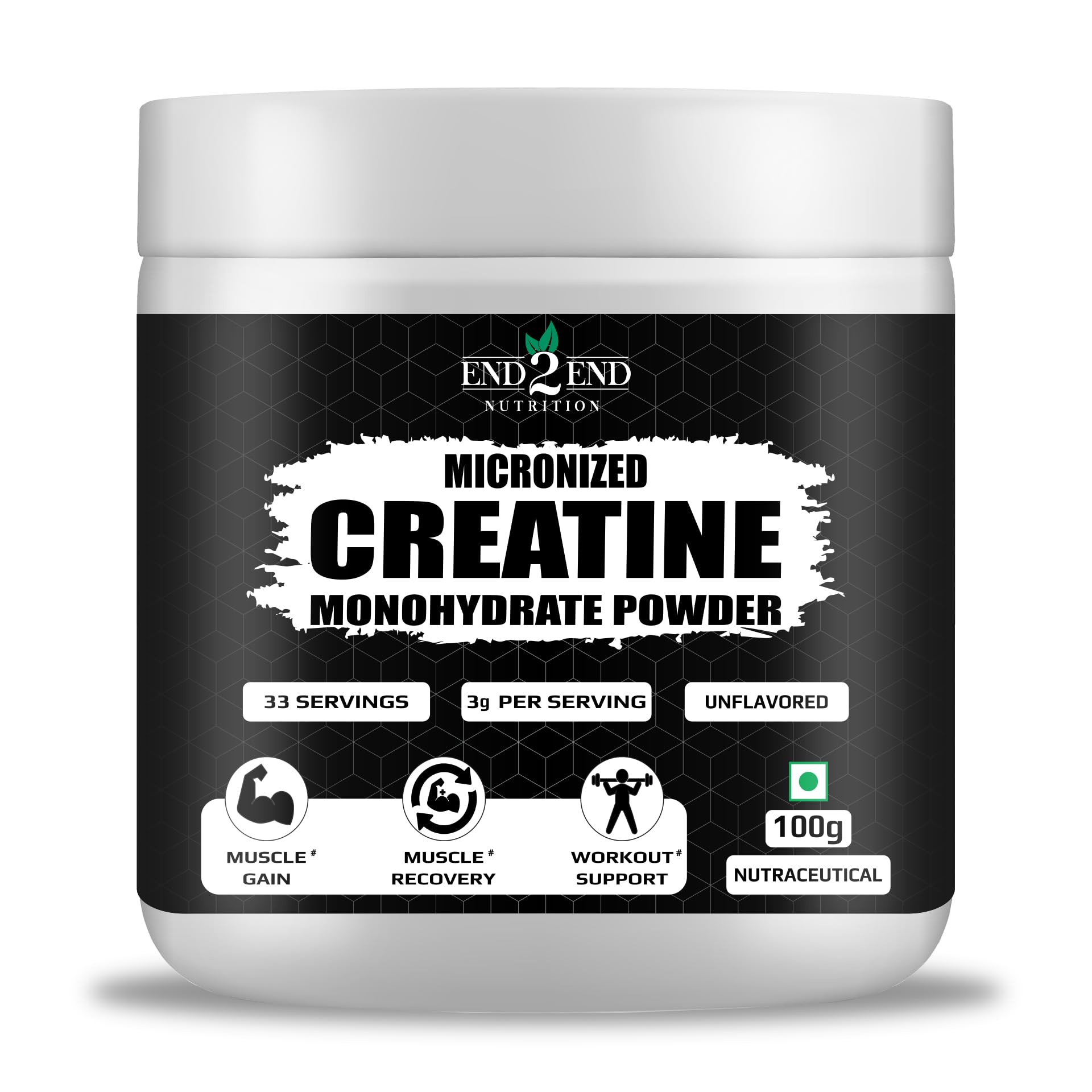 End2End Nutrition Micronised Creatine Monohydrate Powder | 33 Servings | Rapid Absorption Pre/Post Workout Supplement for Muscle Gain & Recovery - 100 gram (Unflavoured)-image-47