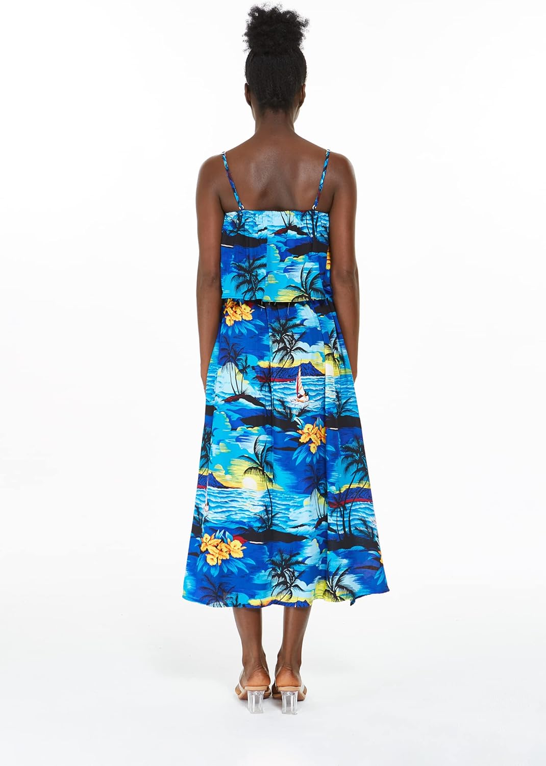 Matchable Couple Hawaiian Luau Shirt or Maxi Ruffle Dress in Sunset Blue