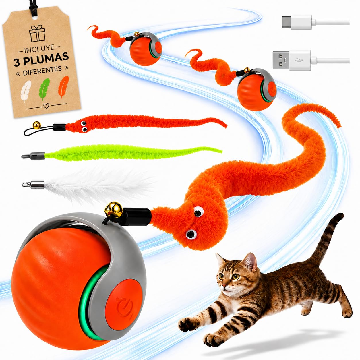 Juguetes para Gatos Interactivos – Pelota Interactiva para Gatos Recargable USB-C con Cola de Plumas, Juguete Automático con 2 Velocidades y Modo Inteligente - Estimula su instinto de caza (NARANJA)