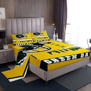 Erosebridal Football Bed Sheets Set Queen Football Fans Sheet Set for Boys Girls American Football City Sheets Yellow Rugby Competition Room Decor Sports Ball Game Flat Fitted Sheet(Green Bay)