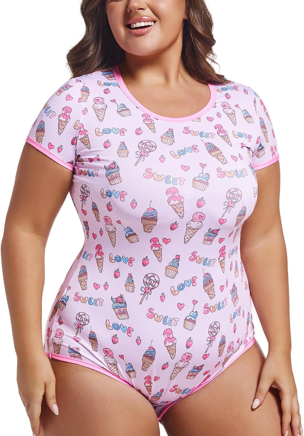 Women's Short Sleeve Romper Bodysuit Fitted Round Neck with Pink Dessert Print for Lounge Sleepwear Home Wear