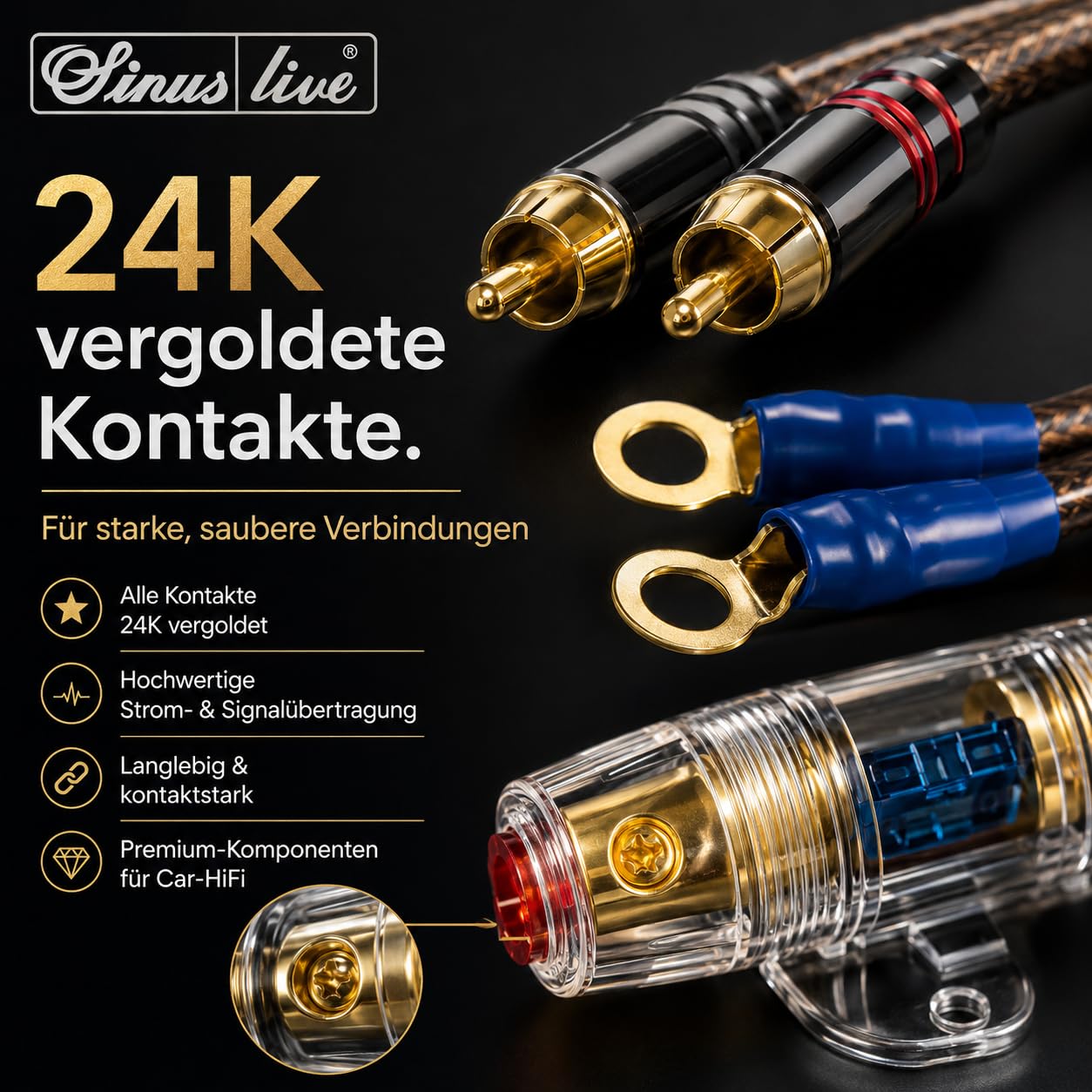 Sinuslive KS-16 5m Car-HiFi Batteriekabel Set 16mm² – anschlussfertiges Kabelset für Endstufe Verstärker, mit 60A Mini-ANL Sicherung, Pluskabel, Massekabel und CX-50 Cinchkabel
