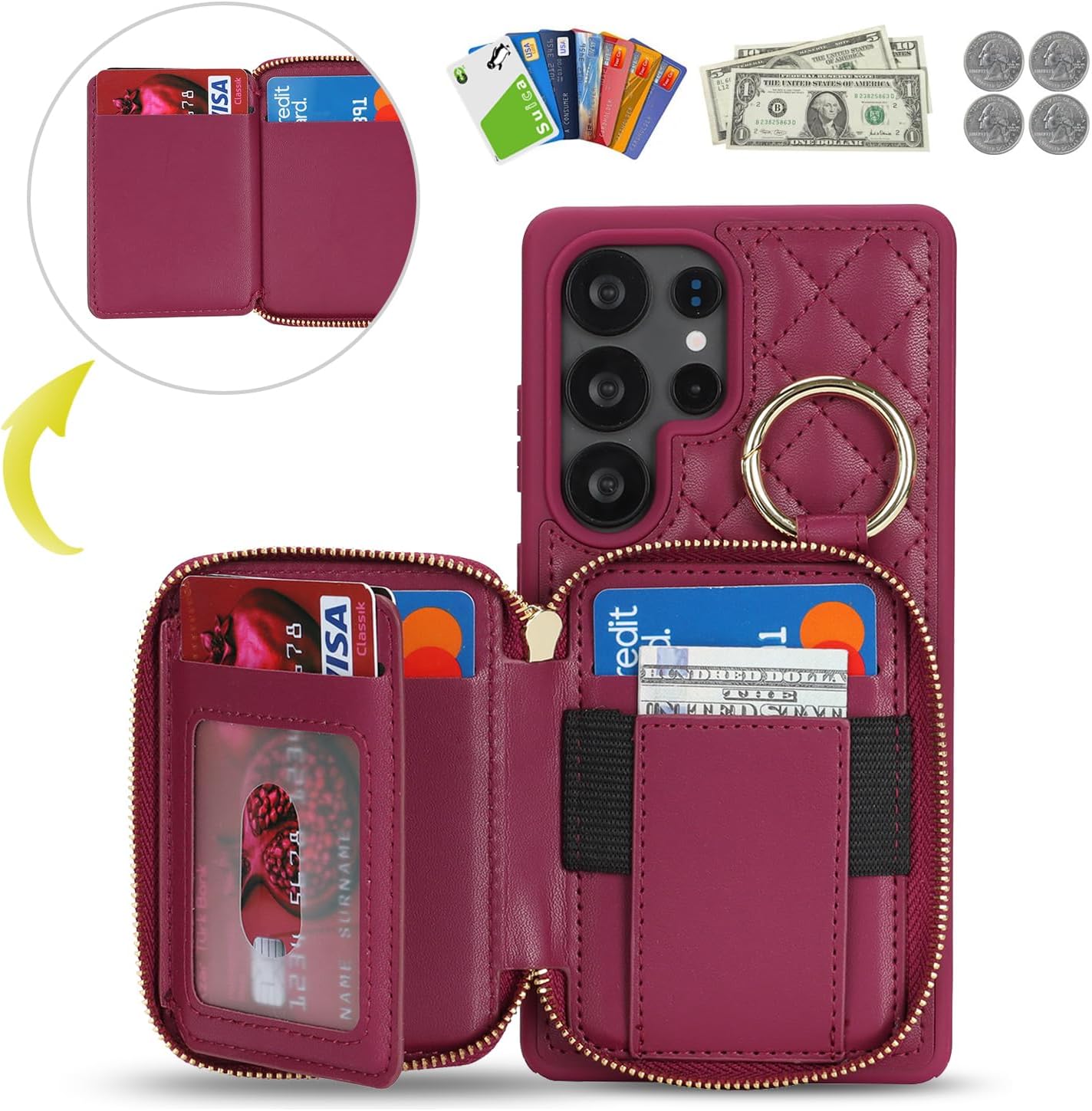for Galaxy S25 Ultra Case Wallet with Card Holder,for Galaxy S25 Ultra Phone case Wallet with Zipper with Slot Kickstand Stand Case for Women and Man 6.9 inch-Dark red - Image 2