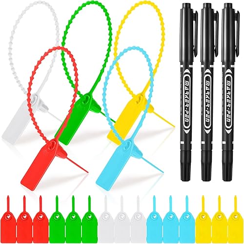 Soaoo 303 sellos de plástico con marcador negro, 300 etiquetas de cable, 3 bolígrafos de doble cara, etiquetas de plástico para etiquetas de