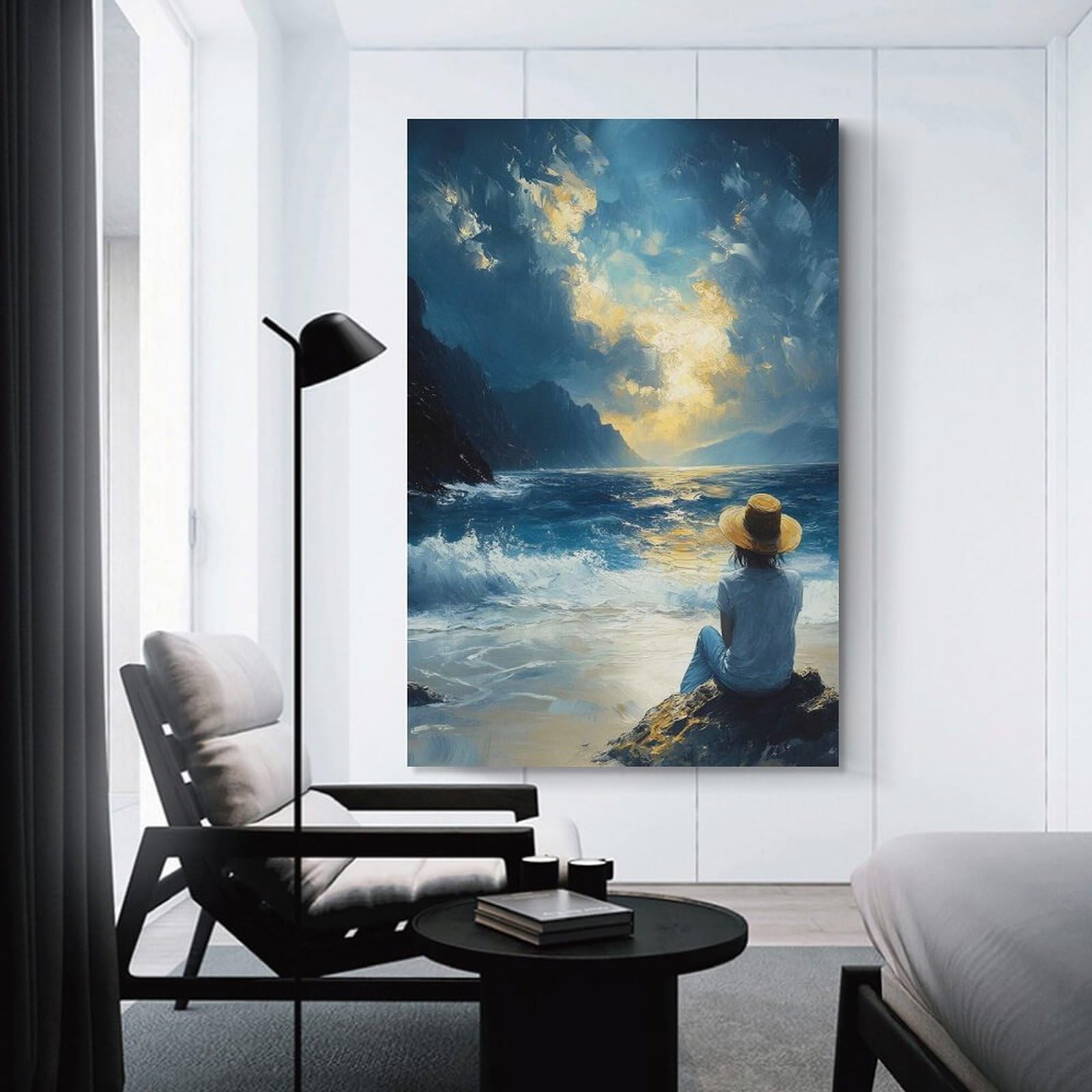 Junmoney Unframe-Style-15 Seascape With Figure And Golden Light Wall Picture Print, 20X30inch(50X75cm), For New Homes, Bedrooms Or Workspaces, Thoughtful Wall Decor For Art Lovers