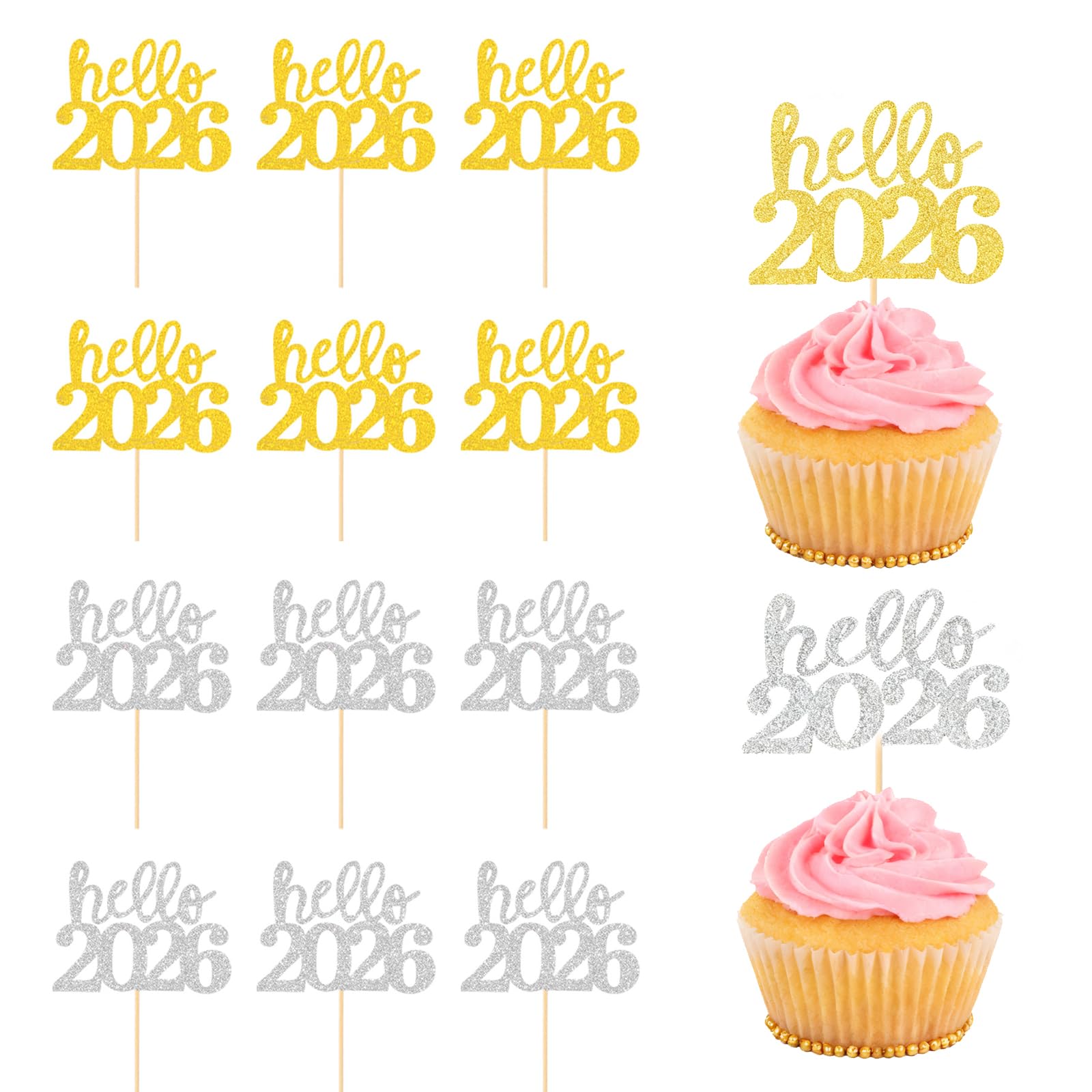 New Year Cake Decorations 2027-12Pcs Glitter Gold Silver Hello 2027 Cupcake Toppers,Happy New Year Cake Toppers NewYear Eve Decorations 2027 Food Picks for New Year's Eve Party Supplies