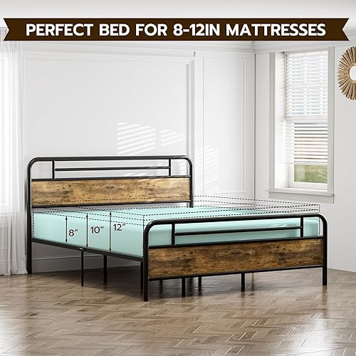 Miniatura 7 de IKIFLY Base de cama de plataforma de metal tamaño King con estribo de madera, listones de acero resistentes, almacenamiento debajo de la cama, base