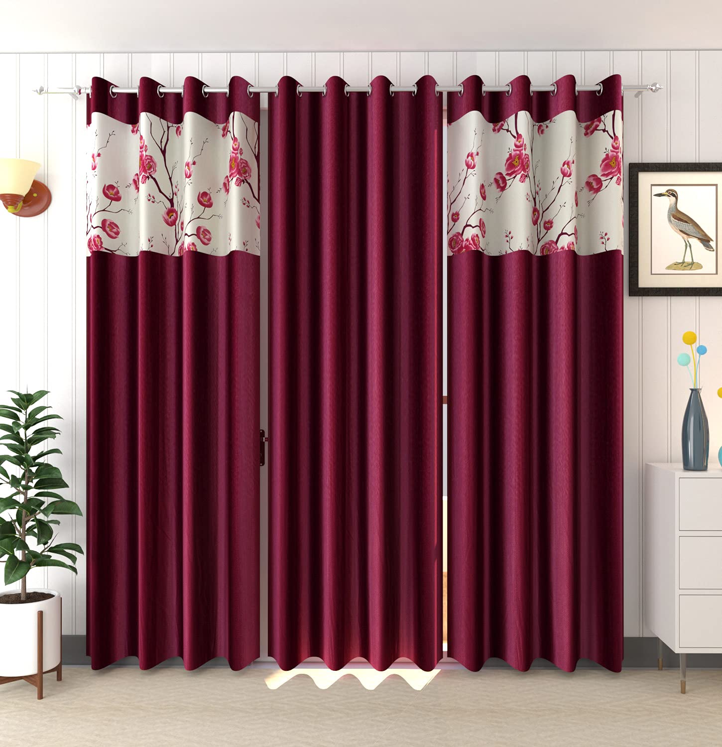 GOYCORS Premium Eyelet Polyester 2 Flower Patch Printed and 1 Solid Set of 3 Curtains for Long Door 8 Feet, (Wine, Long Door - 8 Feet)
