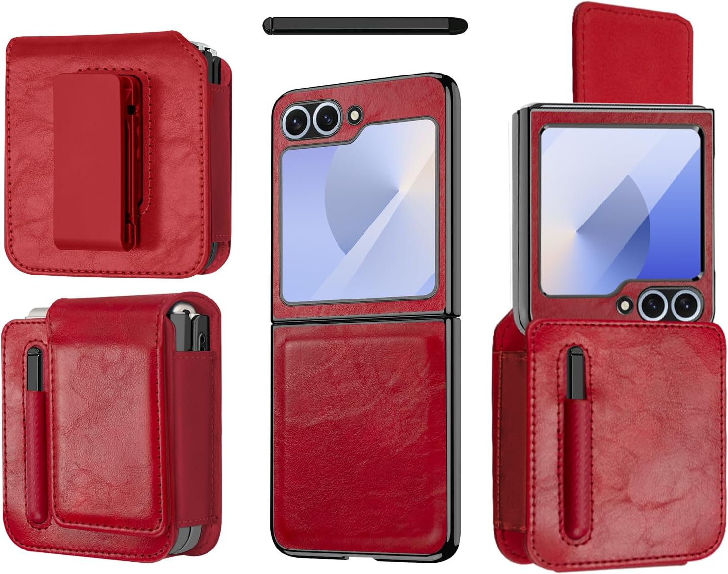 for Samsung Galaxy Z Flip 6 Belt Holster Phone case with S Pen, 360 ° Rotating and Magnetic Closure Belt Clip, Built-in Screen Protector, Luxury Pu Leather Phone Pouch(Red)