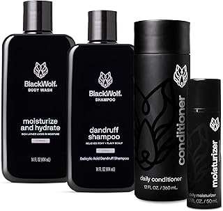 Black Wolf 4-Piece Skincare and Hair Gift Set for Men – Anti-Dandruff Shampoo, Moisturizing Body Wash, Face Moisturizer, Daily Conditioner - Skin Care Kit for All Dry Types
