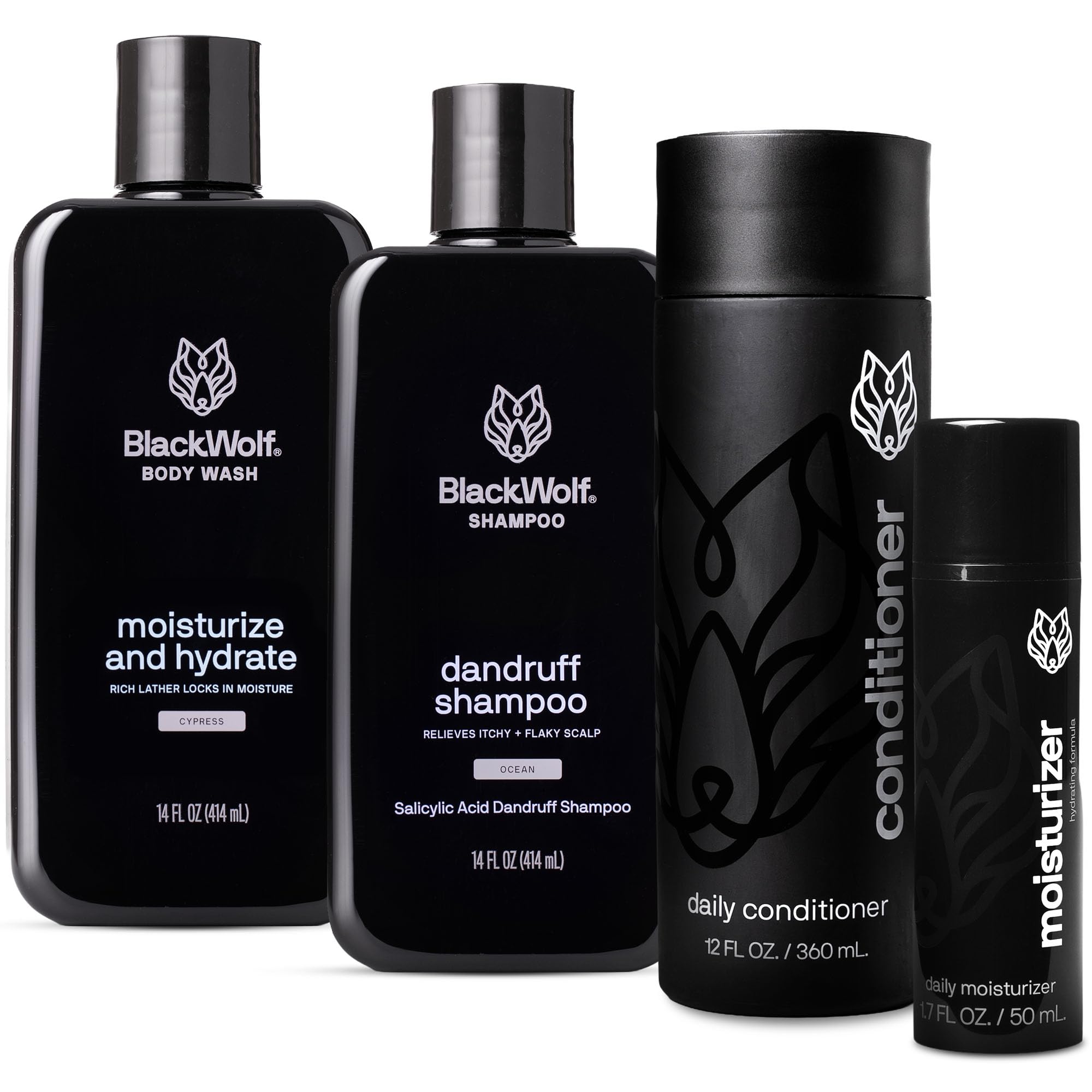 Black Wolf 7-Piece Skincare Gift Set for Men - Face Wash, Face Scrub, Body Wash, Moisturizer, Eye Gel, Scrubber, & Toiletry Bag - Charcoal Powder & Salicylic Acid Skin Cleansing for All Skin Types