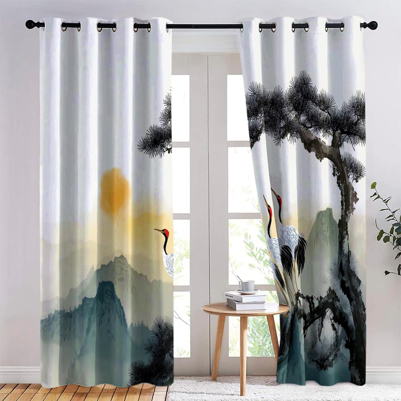 Générique Izolowane termicznie zasłony 140 L x 245 H cm Zasłona zaciemniająca redukcja szumów w tradycyjnych chińskich roślinach, górach, przelotkach, zestaw 2 ciemnoszarych zasłon do sypialni i