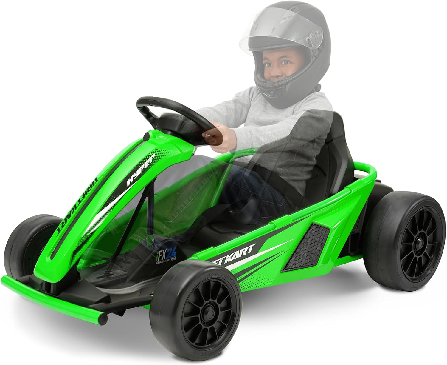Child wearing a helmet and driving the green Hyper Toys 24V Go Kart Ride On