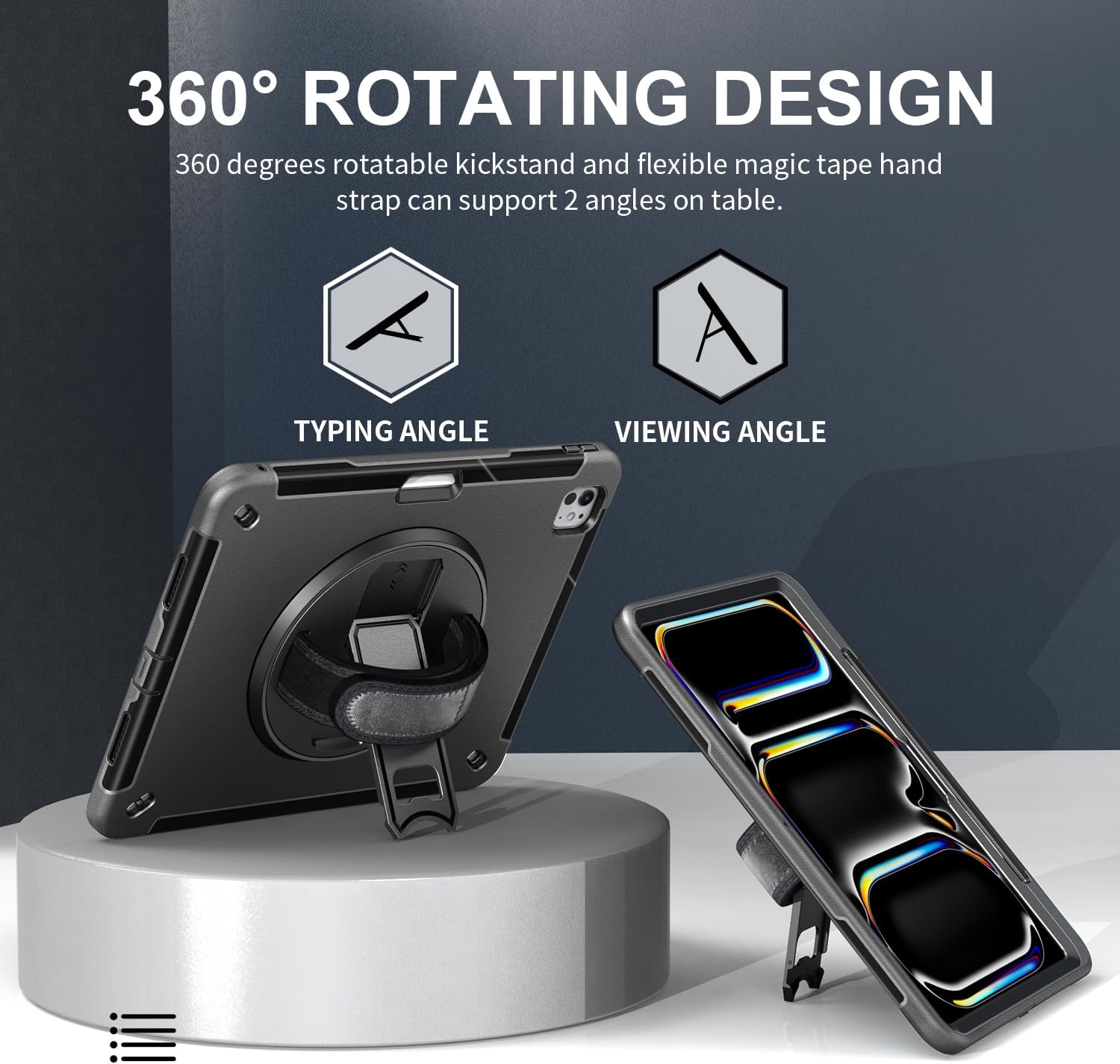 Junfire Protective Case for iPad Pro 13 inch M5 2025 / M4 2024, Shockproof Rugged Case with 360°Rotating Kickstand/Hand Strap/Shoulder Strap/Stylus Holder for A2925, A2926, A3007-Black