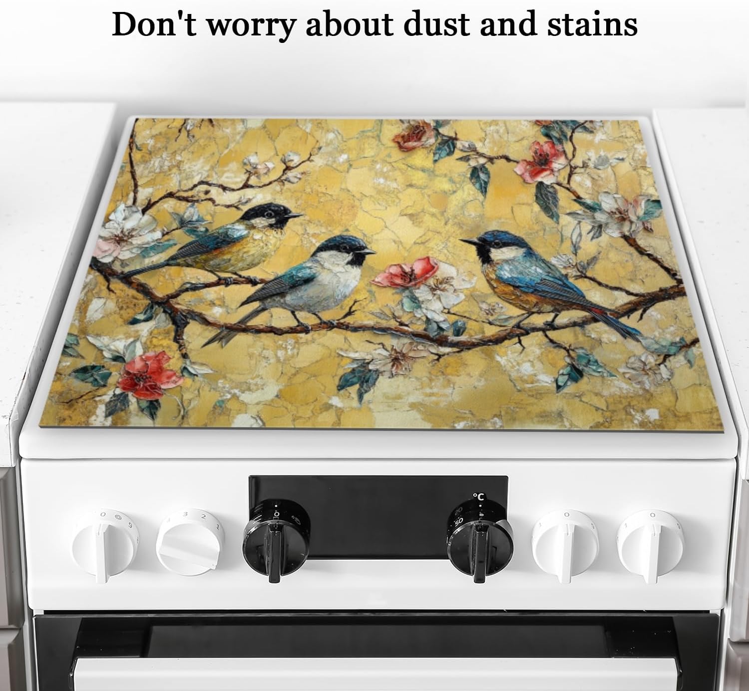 Stove Top Covers For Electric Stove,Mosaic Painting Of Birds On Flowering Branches Stove Mat For Glass Cooktop Protector,Extra Large Oven Range Top Cover 28X20In