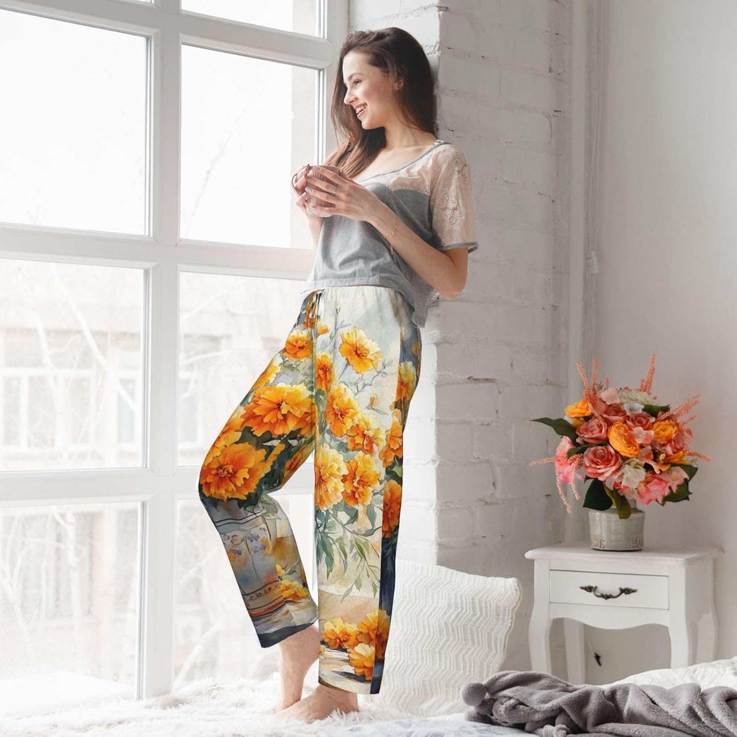 Women'S Marigold-Painting Fleece Pajama Pants, Cozy Flannel Lounge Bottoms For Women