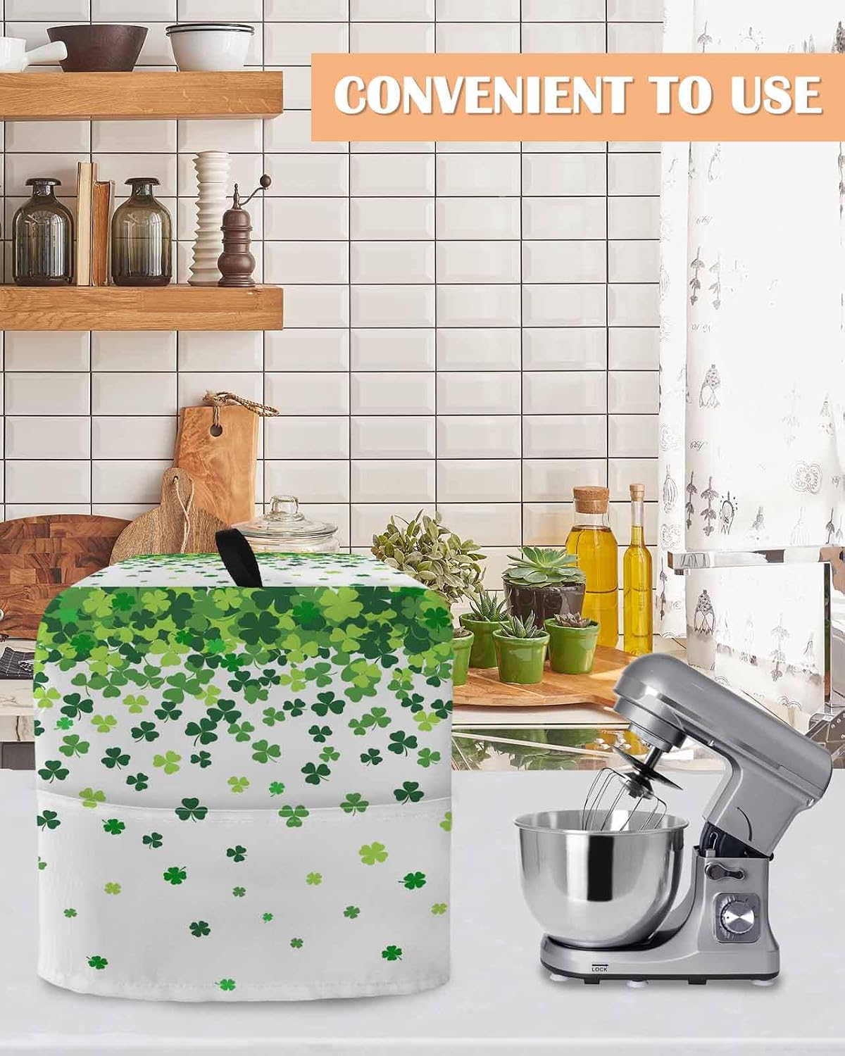 St. Patrick's Day Stand Mixer Cover with Storage Pocket, Waterproof Kitchen Mixer Covers, Spring Lucky Shamrocks Rustic Leaves Kitchen Appliance Dust Cover Compatible with 4/4.5 Quart Mixers