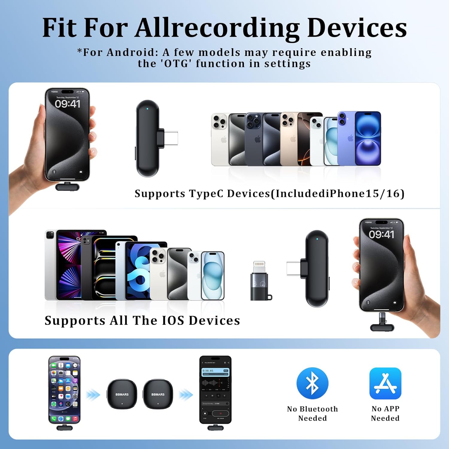 BBMars AI Noise Mini Cancelling Wireless Lavalier Microphone, 2.4GHz USB-C, 48kHz/16bit, 50m Range with 8H Battery, Charging Case for iPhone, Android, Streaming