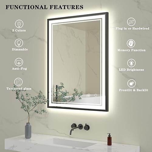 Miniatura 3 de Espejo de baño LED de 24 x 32 pulgadas con luces, espejo LED con marco negro para baño, espejo de baño iluminado retroiluminado y marco frontal de