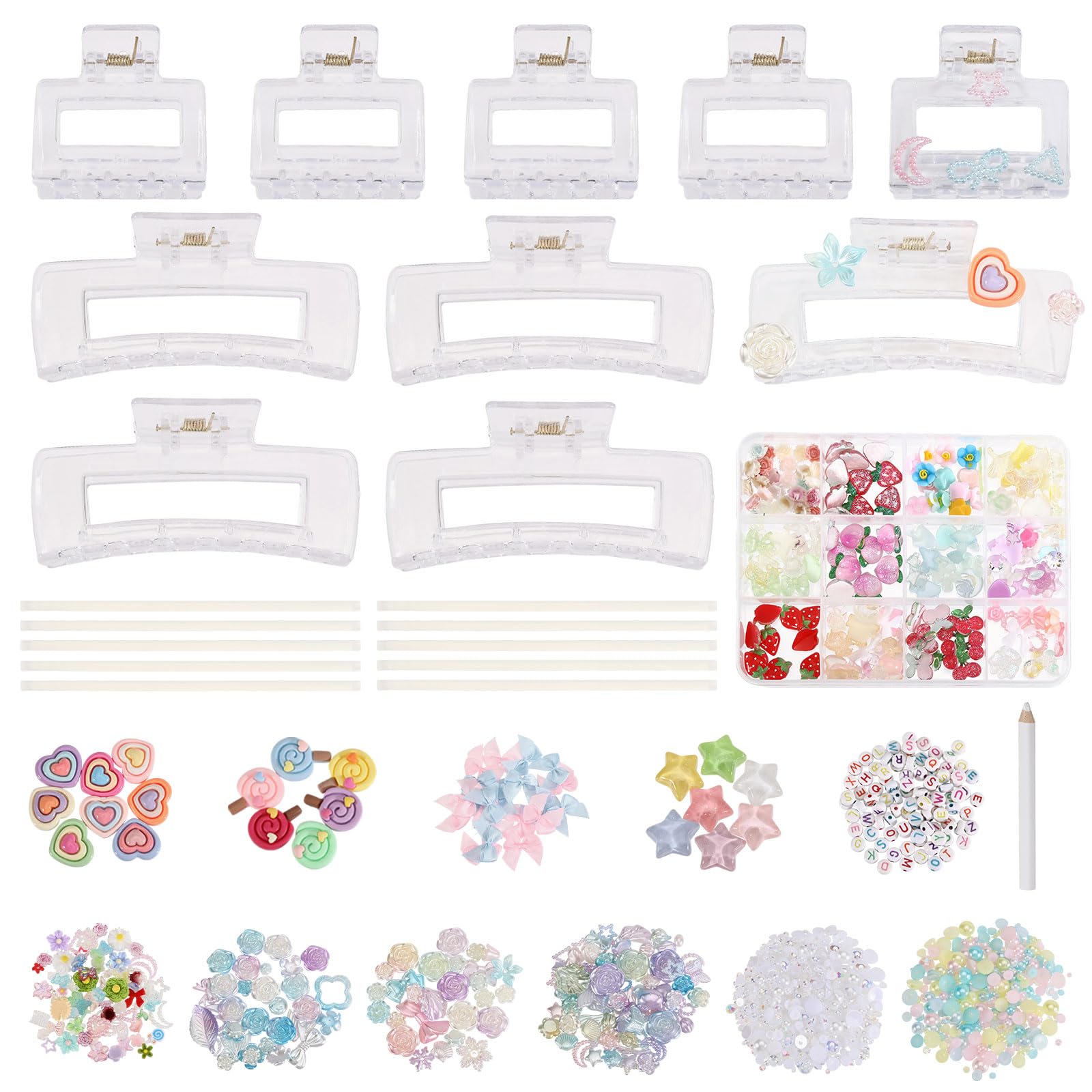 FREEBLOSS Set di 10 pinze per capelli fai da te 2 misure rettangolo trasparente acrilico con perline alfabeto stella lecca-lecca barocco per creativi fatti a mano favori festa