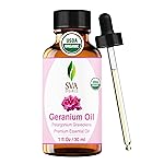 SVA Geranium Essential Oil Organic - 1 Fl Oz - 100% Natural Organic Geranium Oil - for Diffuser, Hair Care, Face, Skin Care, Aromatherapy, Scalp and Body Massage, Soap and Candle making - with Dropper