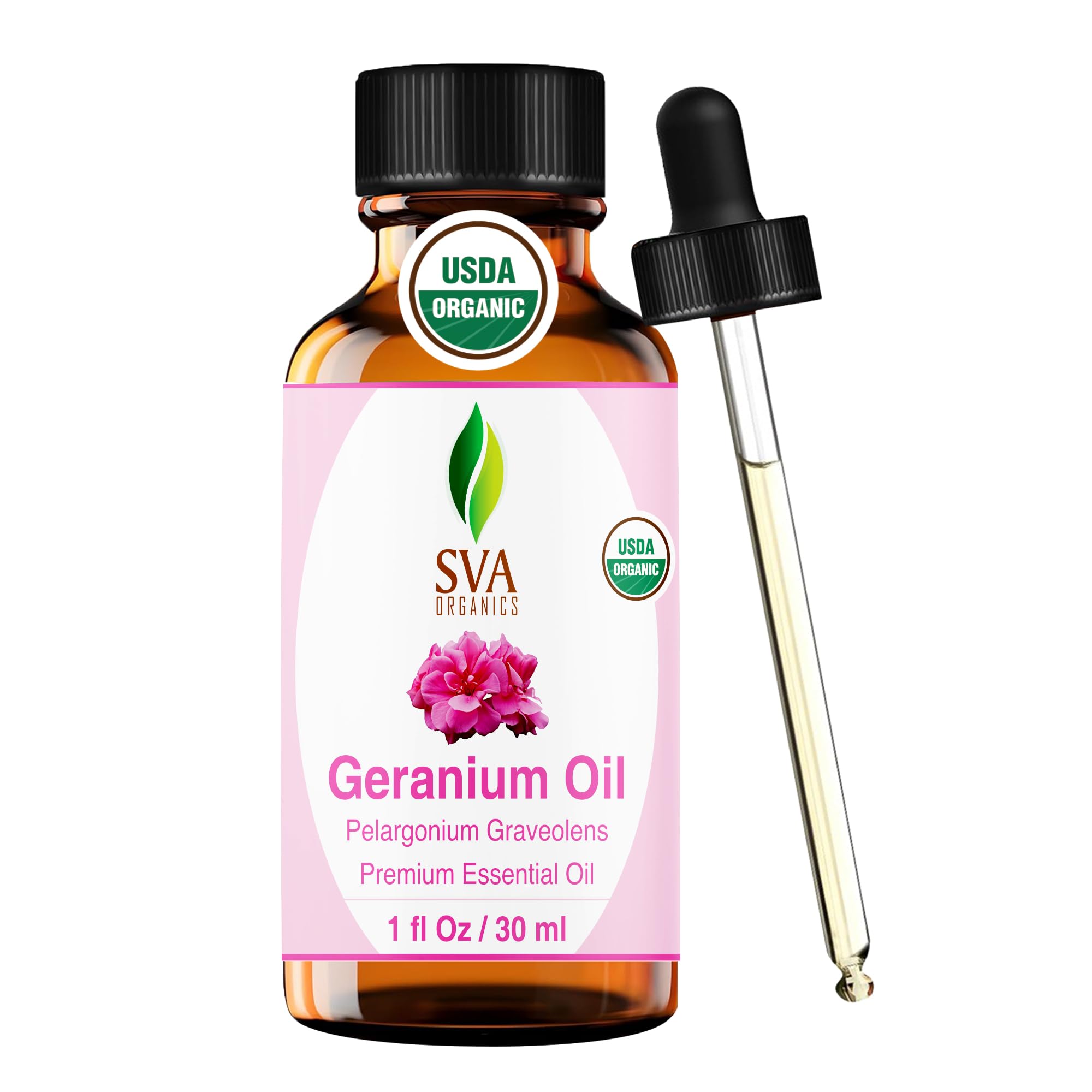 SVA Organics Egyptian Geranium Essential Oil Organic 1 Oz USDA Pure Natural Undiluted Steam Distilled Oil for Skin, Face, Body, Hair, Massage & Aromatherapy