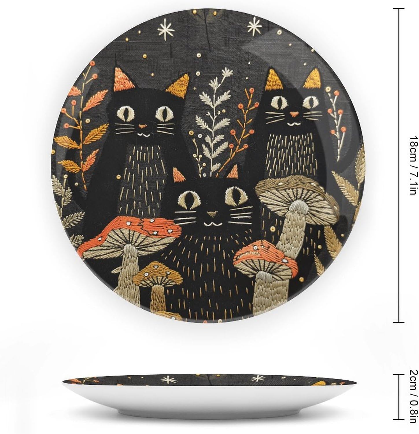Cats And Mushrooms Ceramic Plate 10inch Decorative Bone China Wall Hanging Ornament Plates Bohemian Style Dinner Plate with Display Stand Cabinet Display Plates for Home Art Decor