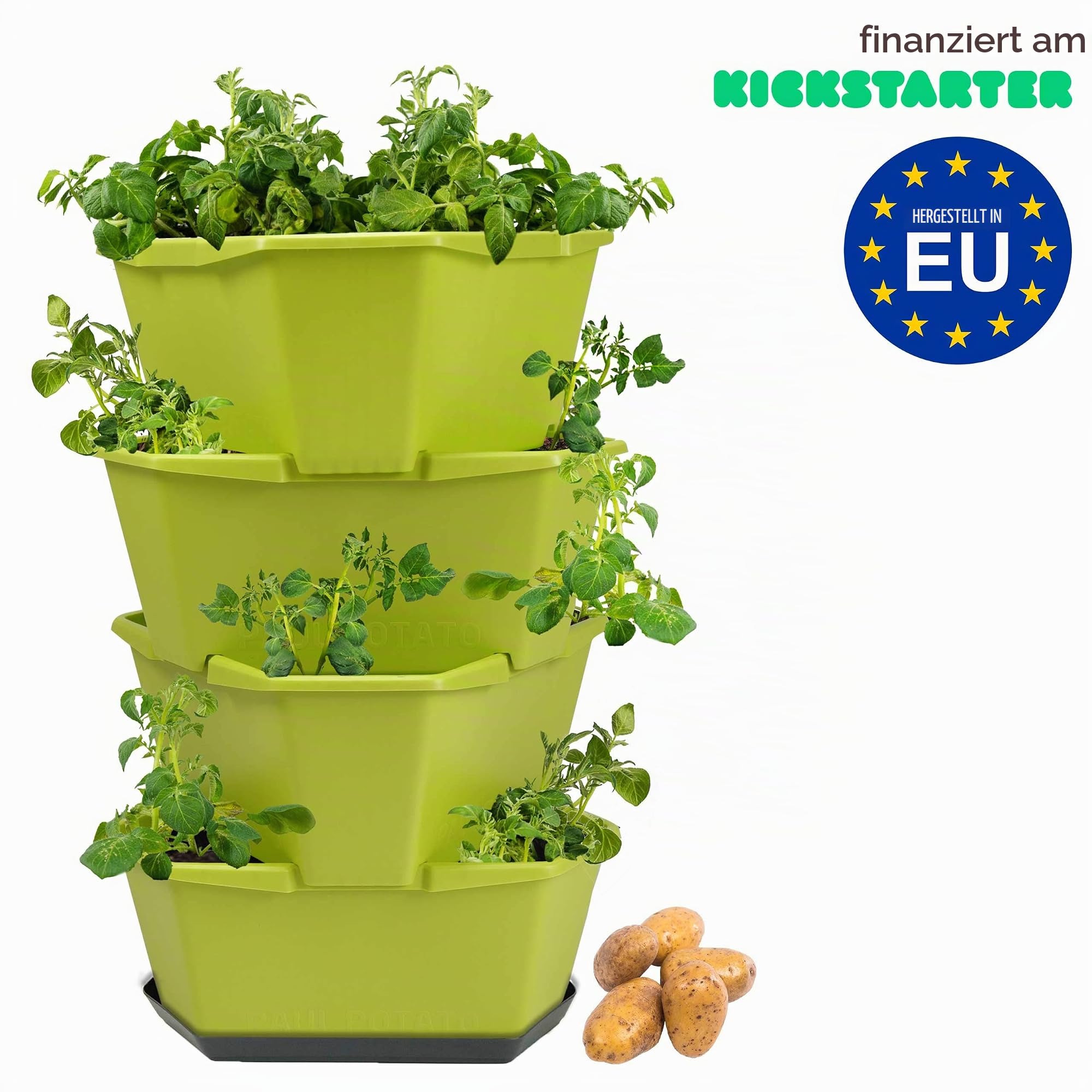 GUSTA GARDEN Paul Potato Starter Kartoffelturm - stapelbar - Hochbeet/Pflanzgefäß/Blumentopf für Balkon, Garten und Terrasse (4 Etagen, Grün) inkl. Untersetzer