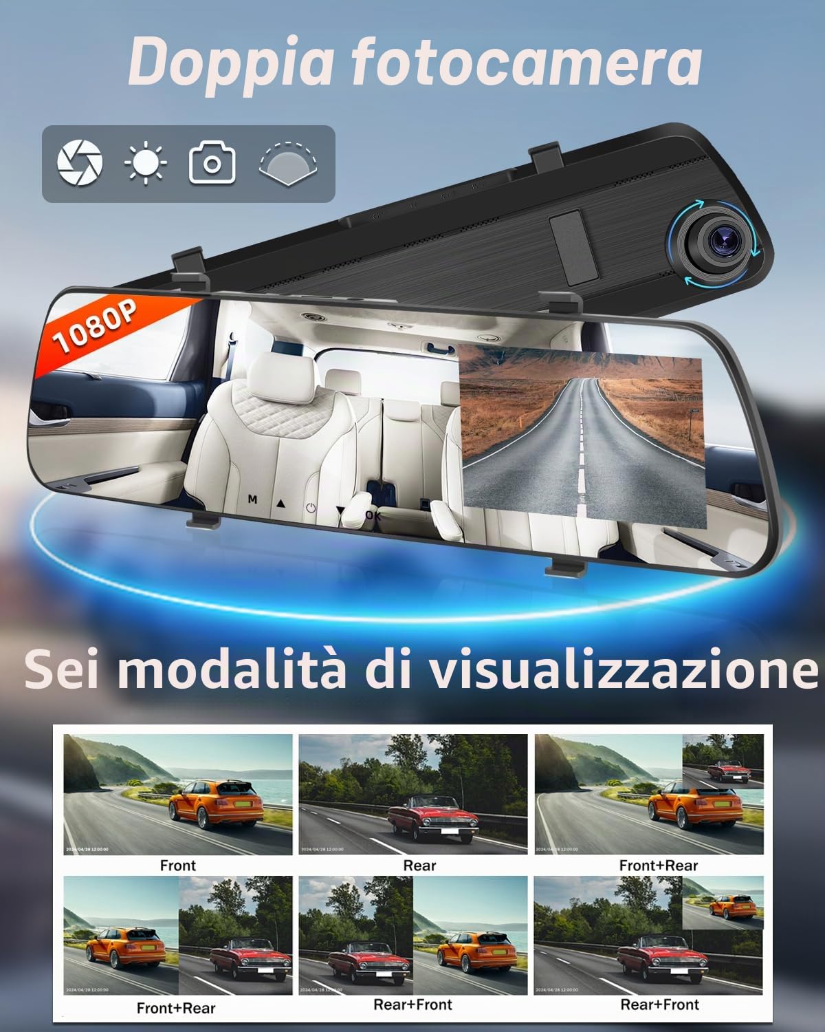 NHOPEEW Specchio Dash Cam 4 pollici 1080P vista anteriore e posteriore doppia telecamera - Super visione notturna/registrazione loop/Monitor di parcheggio - Telecamera di backup per le automobili