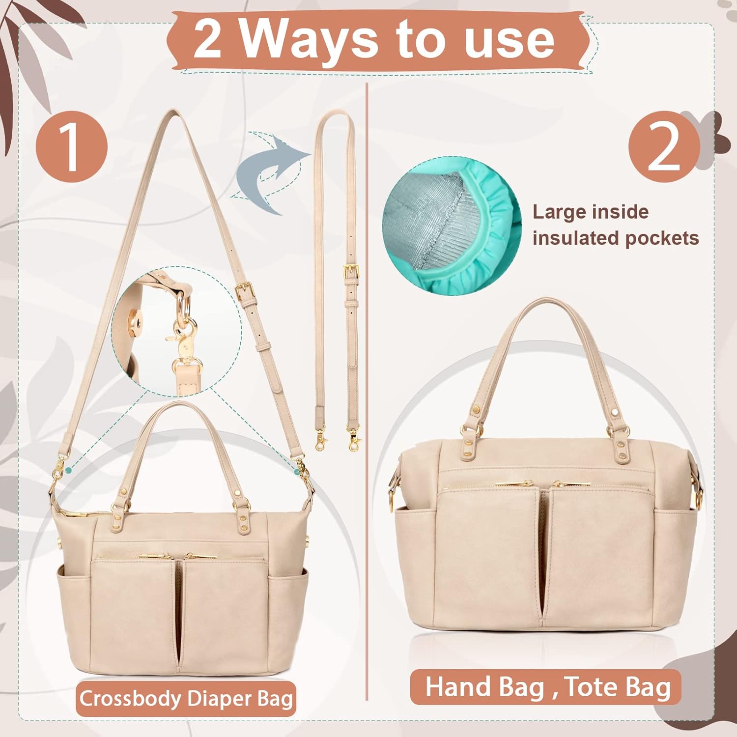 MOMINSIDE Small Leather Diaper Tote, Crossbody Bag with 13 Pockets, Insulated for Women Mom (Ivory) - Image 6