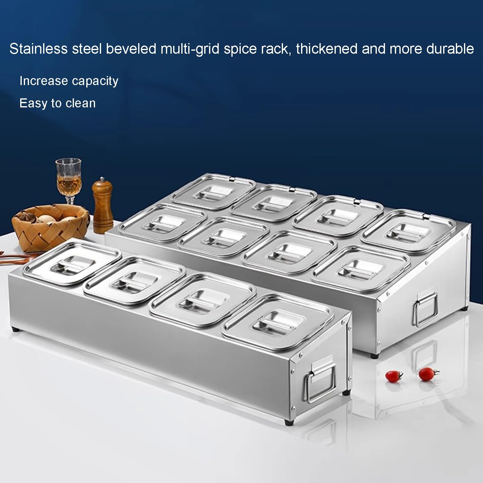 Juego De Especieros Comerciales De Acero Inoxidable Soporte Para Mostrador, Recipiente Para Alimentos Dispensador, Caja Organizadora Para Sal, Azúcar, Condimentos Y Frutas(Silver-B,53x18x15.5cm)