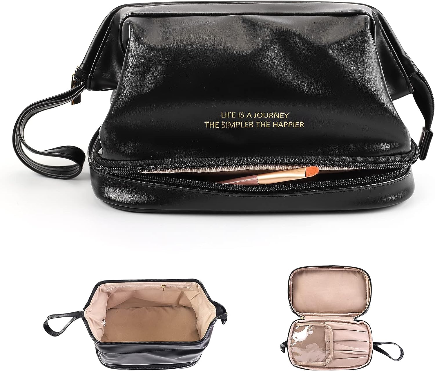 BUYORY Makeup Organiser for Women & Girls, Travel Makeup Bag, Leather Makeup Bag, Cosmetic Travel Bags, Portable Leather Toiletry Bag, Large Zipper Travel Organiser,13 Cm (Black)-picture-21